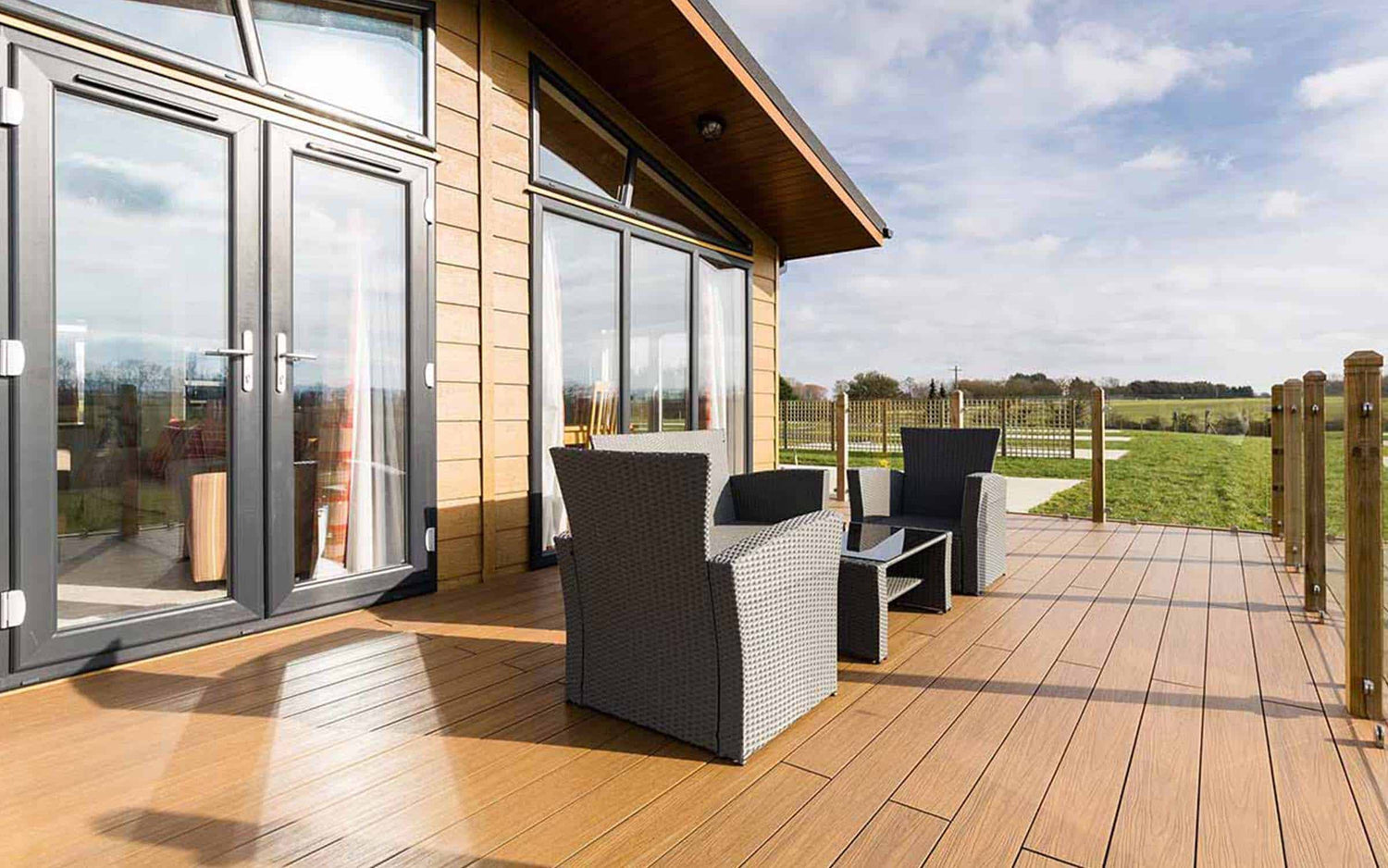 Mobile home with teak composite decking.
