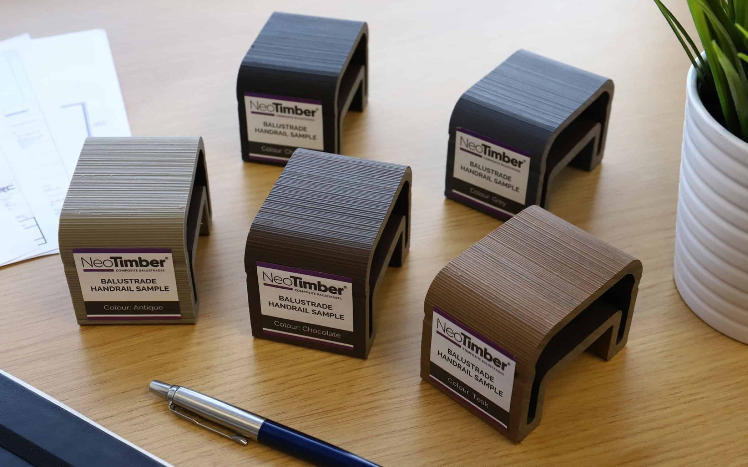 NeoTimber composite balustrade handrail samples.