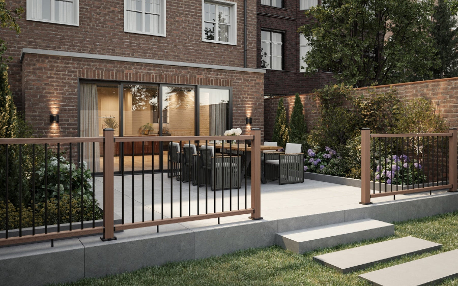 NeoTimber teak composite balustrades in garden dining area.
