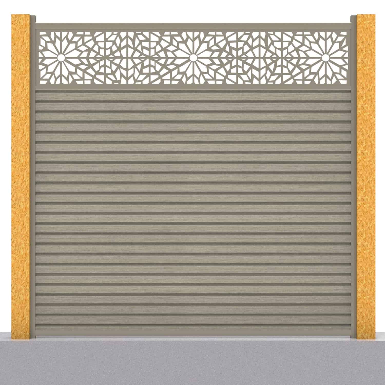 Slatted composite fence panel set - geometric design in antique with wooden post inserts