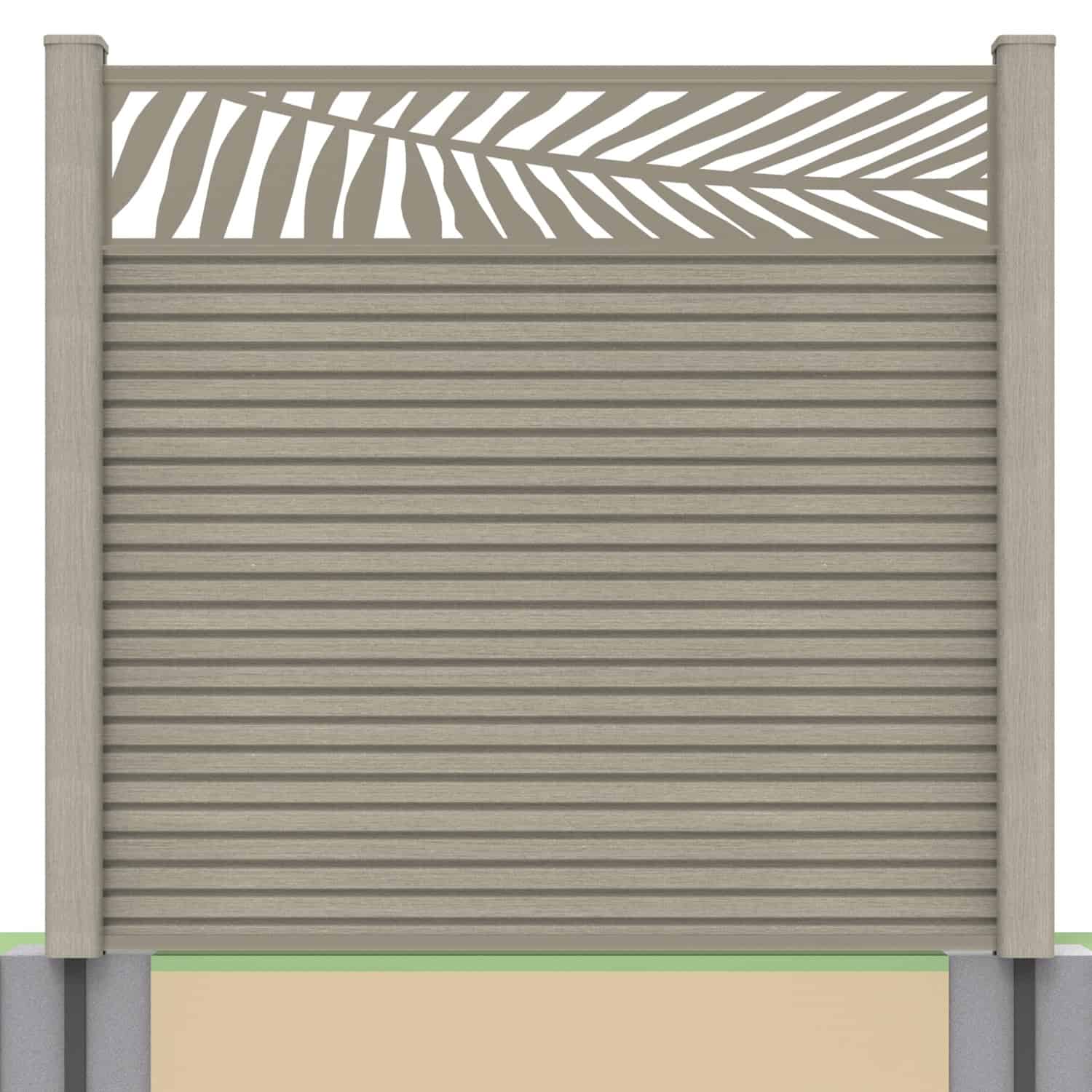 Slatted composite fence panel set - leaf design in antique with soft ground post inserts