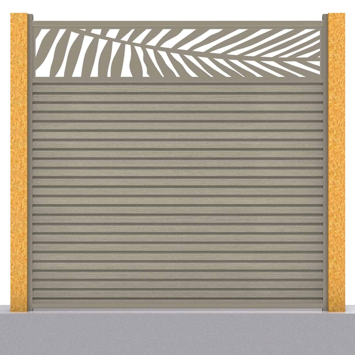 Slatted composite fence panel set - leaf design in antique with wooden post inserts
