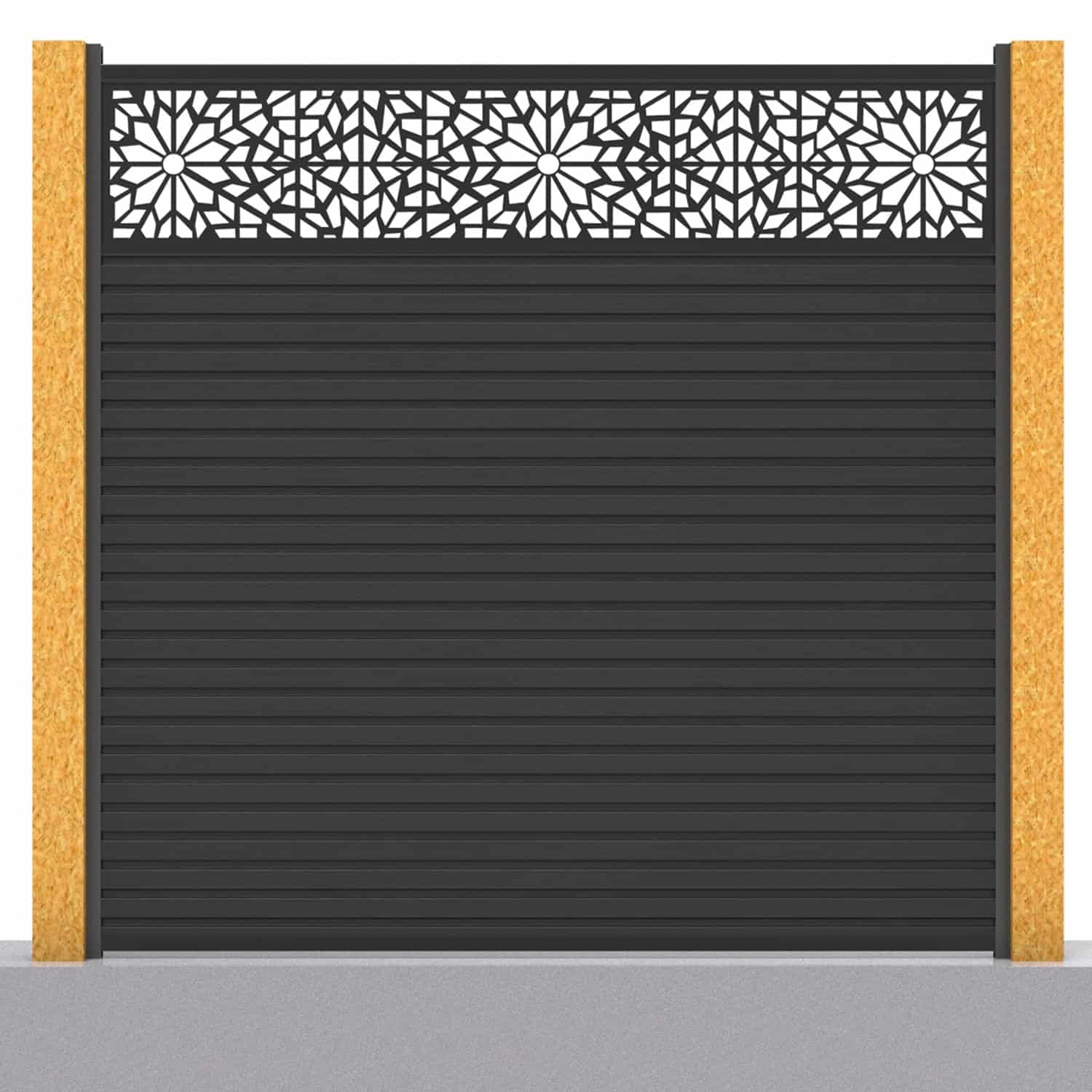 Slatted composite fence panel set - geometric design in charcoal with wooden post inserts