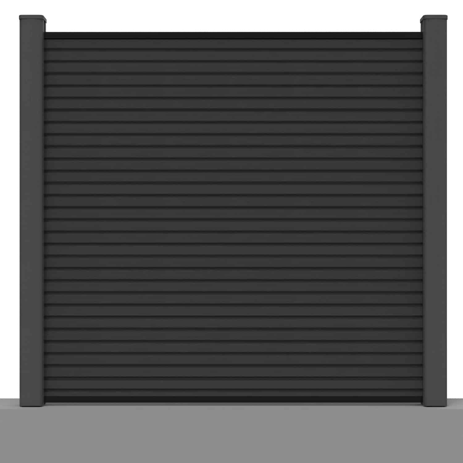 Slatted composite fence panel set in charcoal with hard ground post inserts