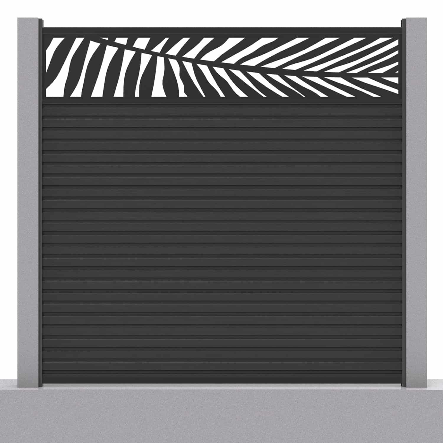 Slatted composite fence panel set - leaf design in charcoal with concrete post inserts