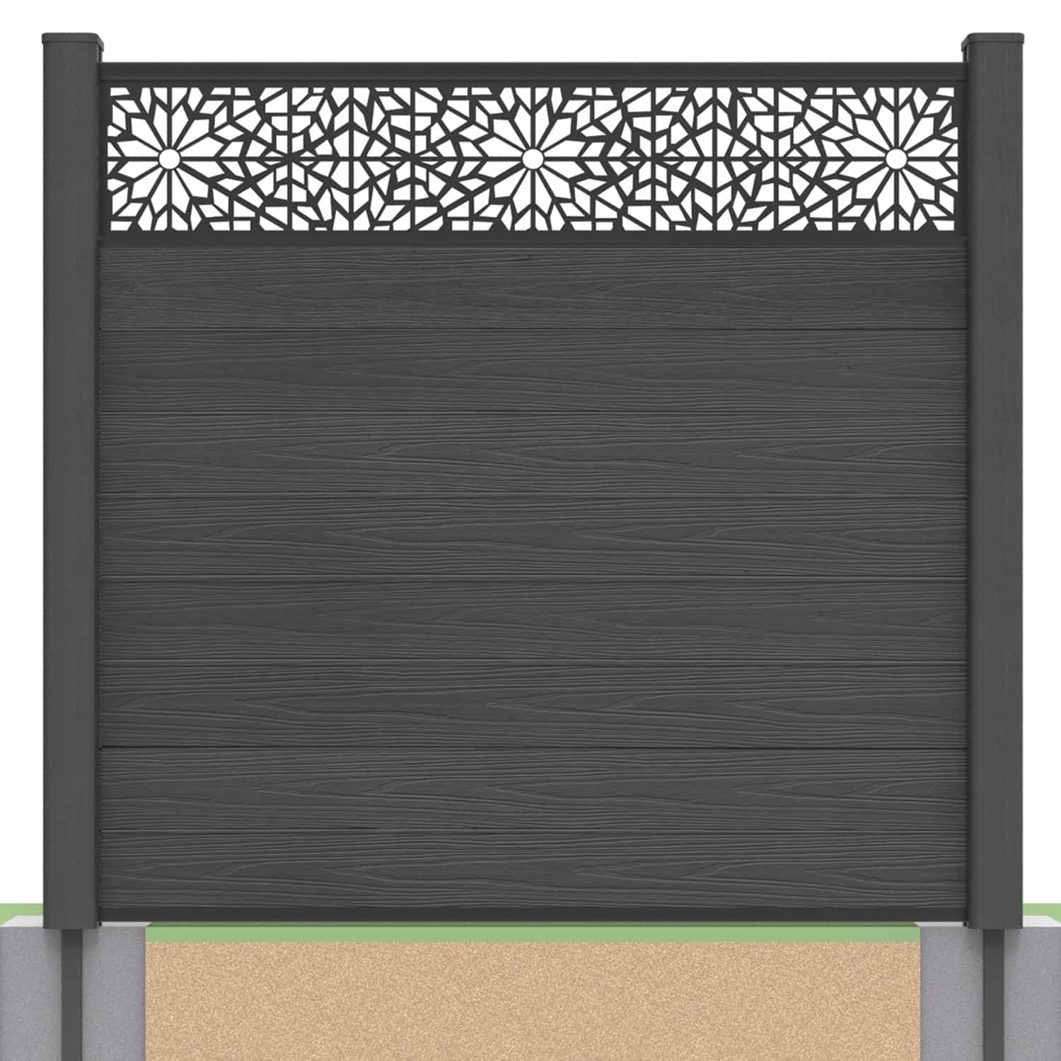 Deluxe composite fence panel set - geometric design in charcoal with soft ground post inserts
