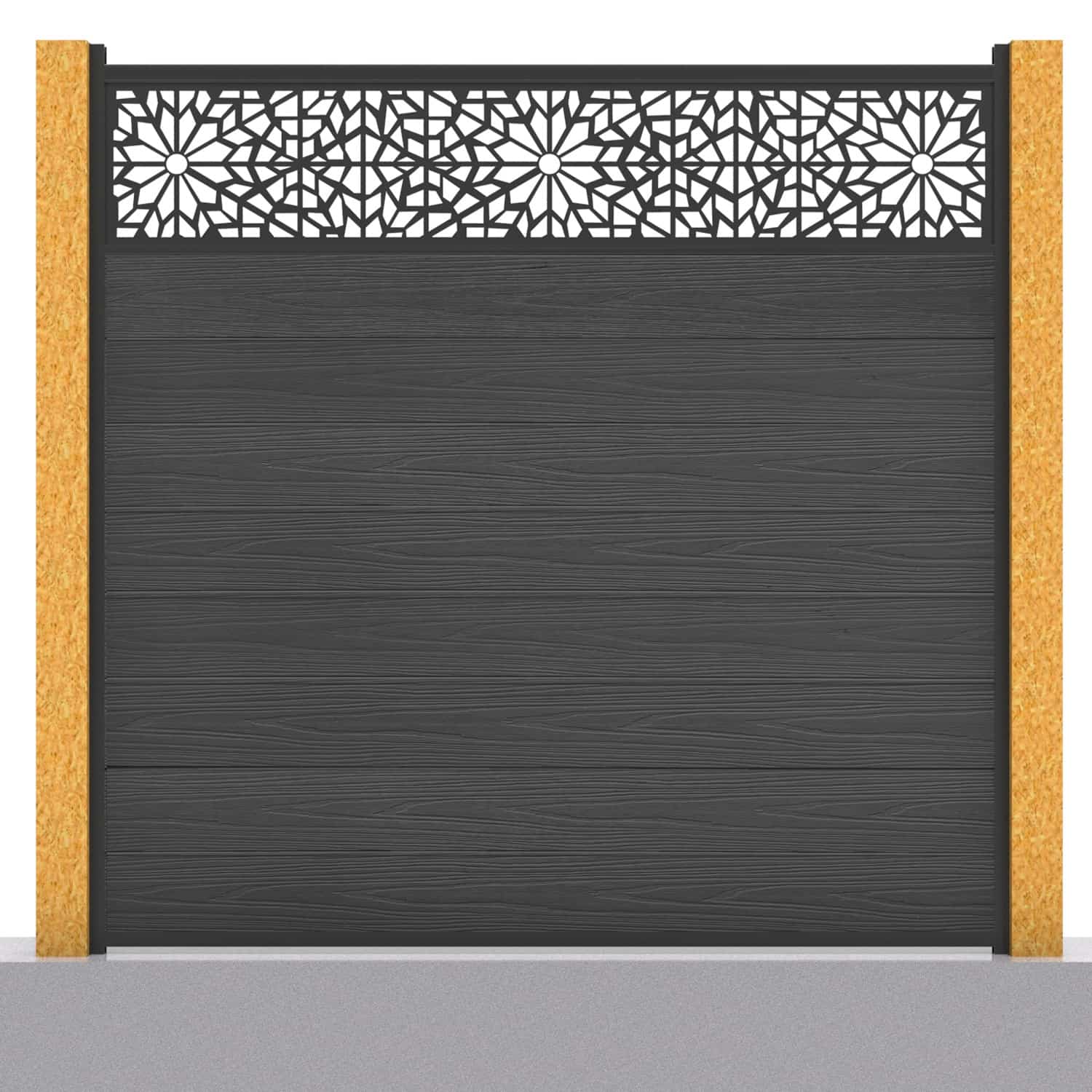Deluxe composite fence panel set - geometric design in charcoal with wooden post inserts