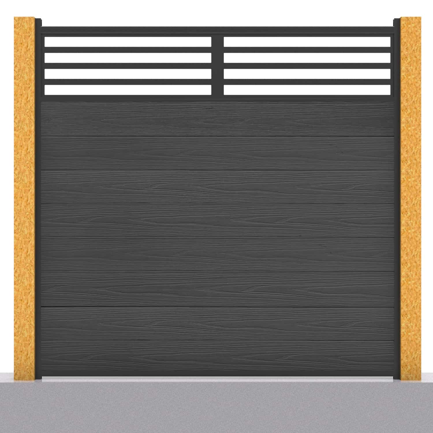 Deluxe composite fence panel set - linear design in charcoal with wooden post inserts