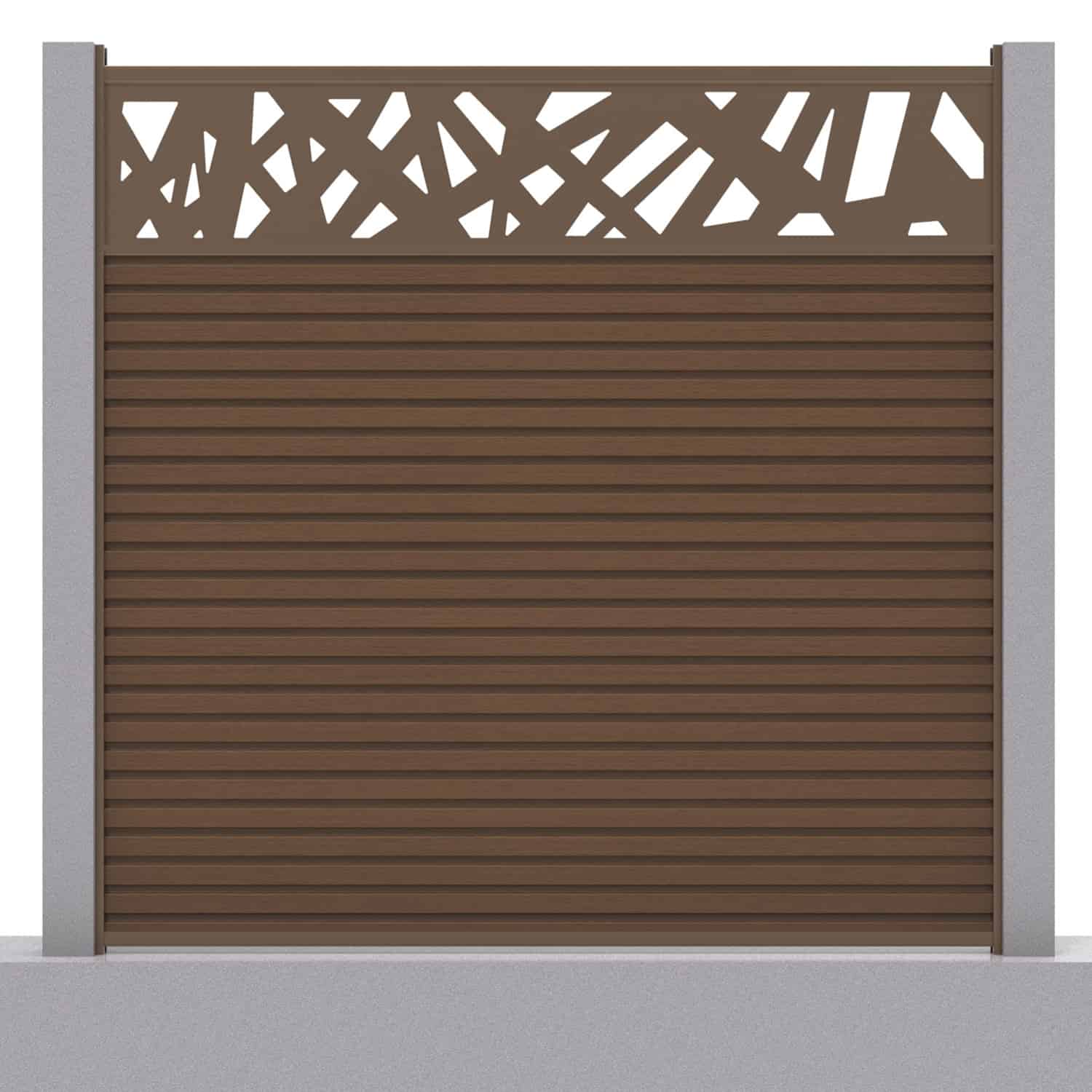 Slatted composite fence panel set - contemporary design in chocolate with concrete post inserts