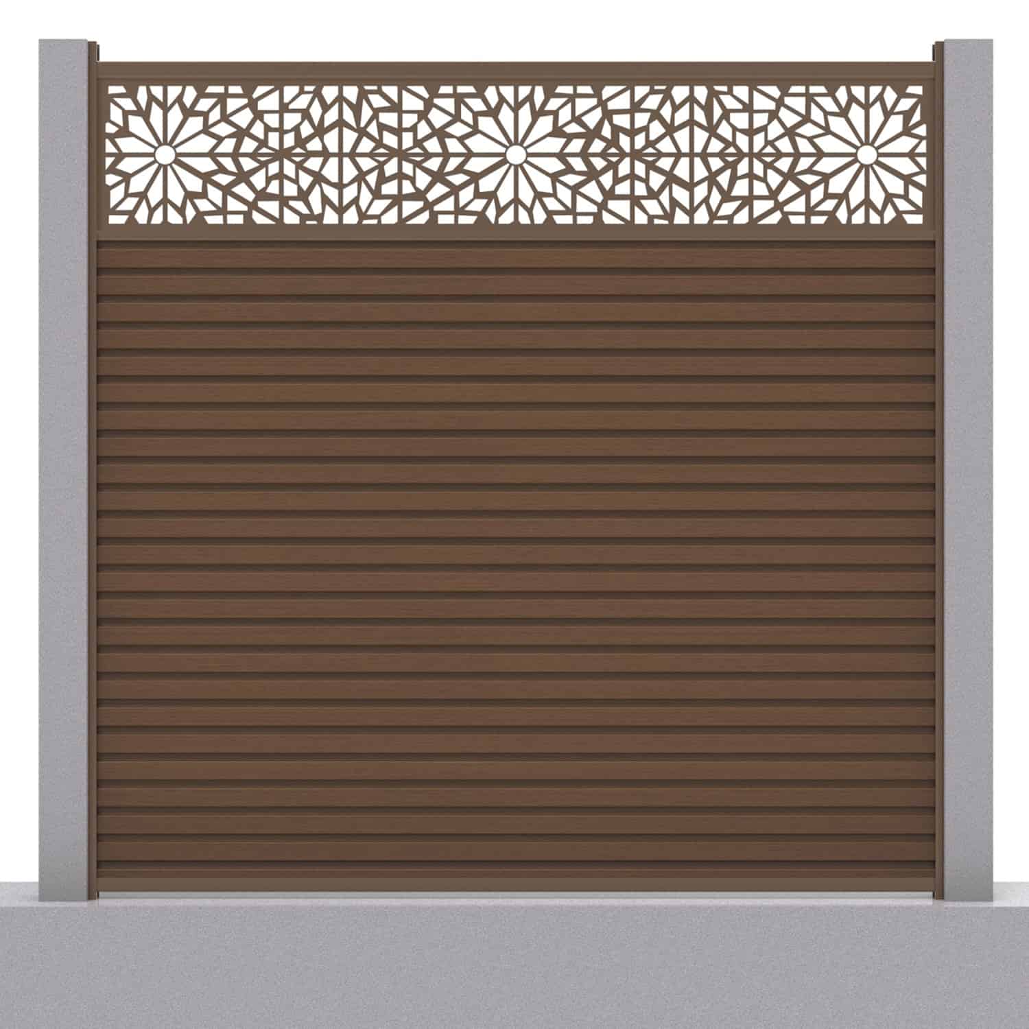 Slatted composite fence panel set - geometric design in chocolate with concrete post inserts