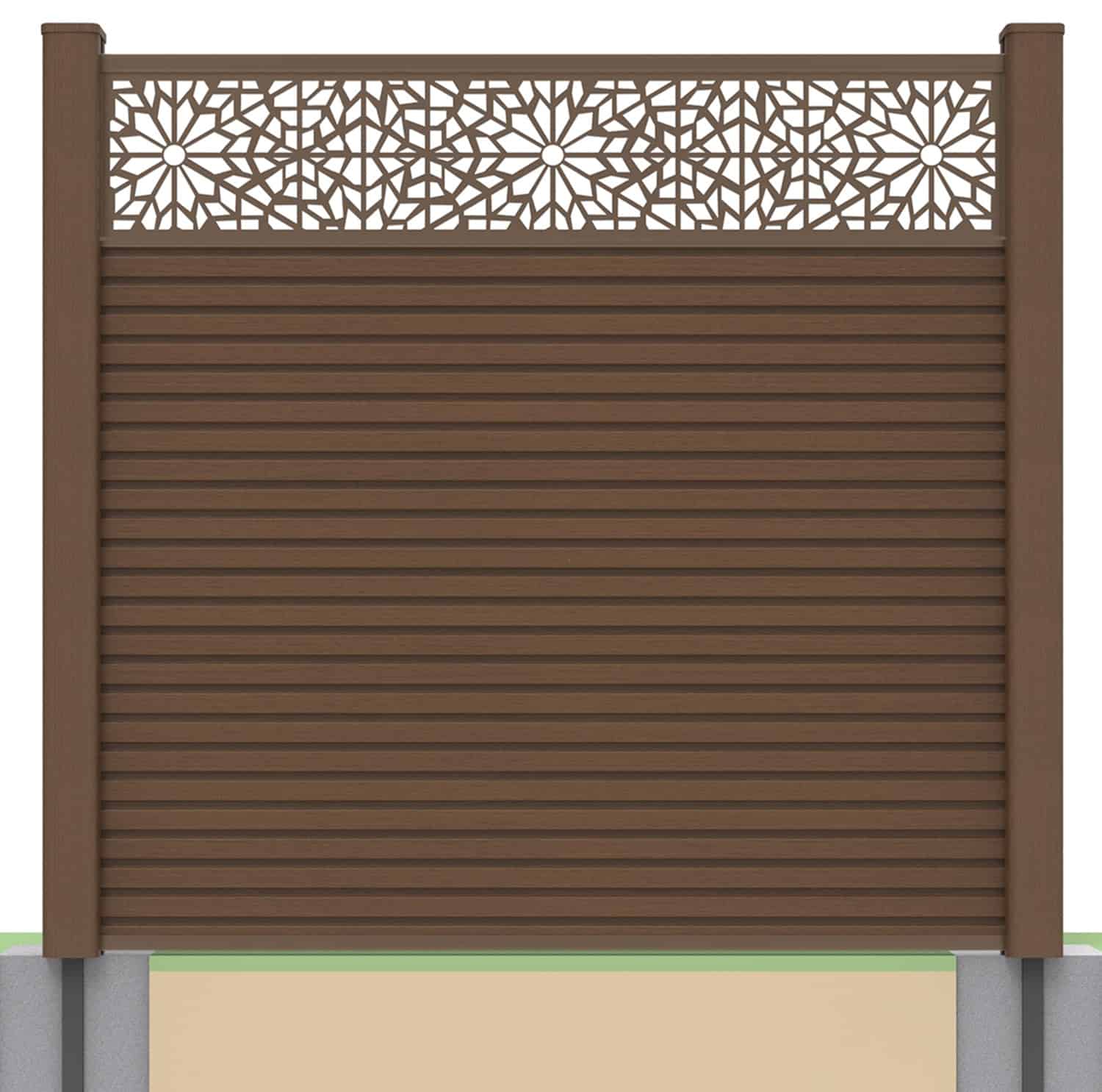 Slatted composite fence panel set - geometric design in chocolate with soft ground post inserts