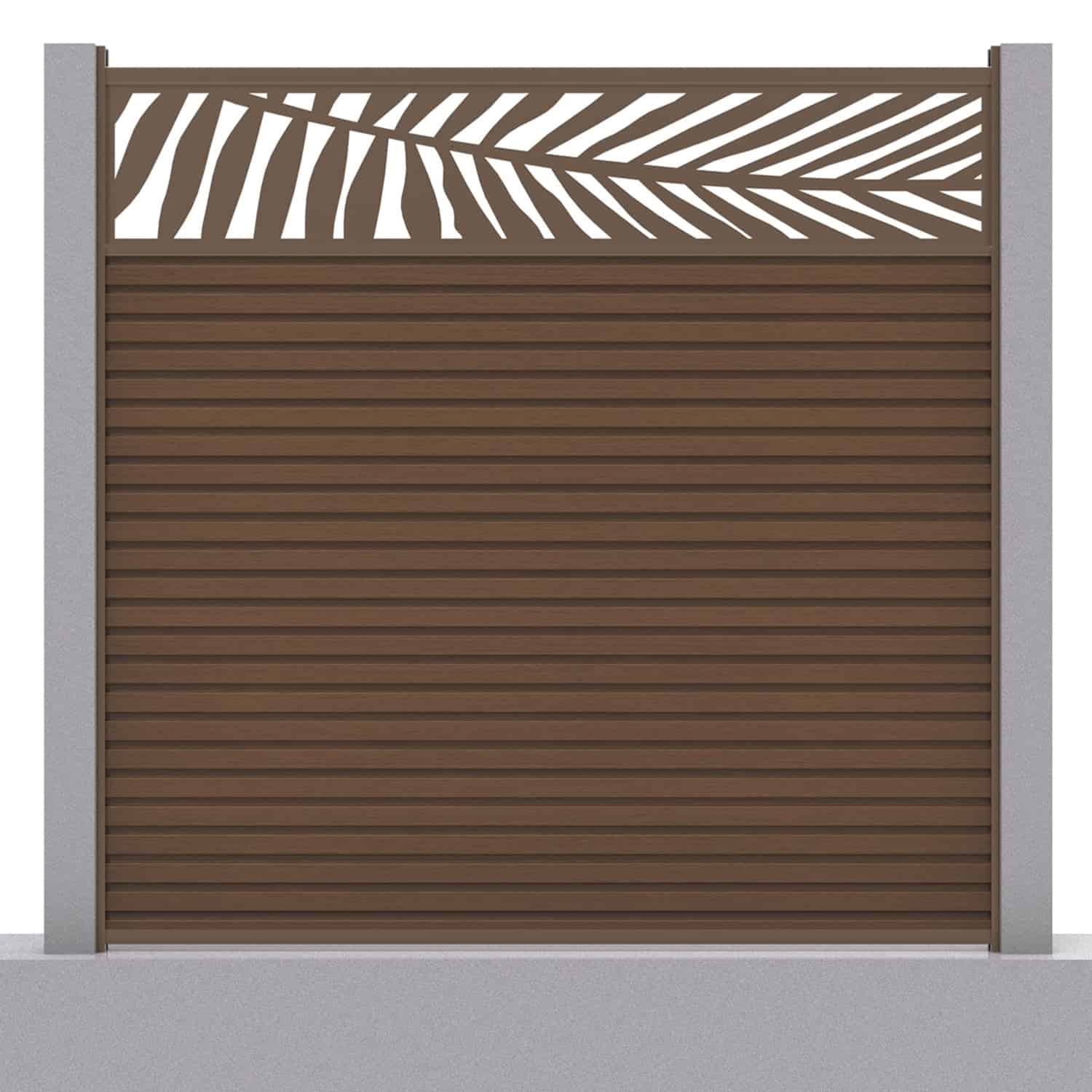 Slatted composite fence panel set - leaf design in chocolate with concrete post inserts