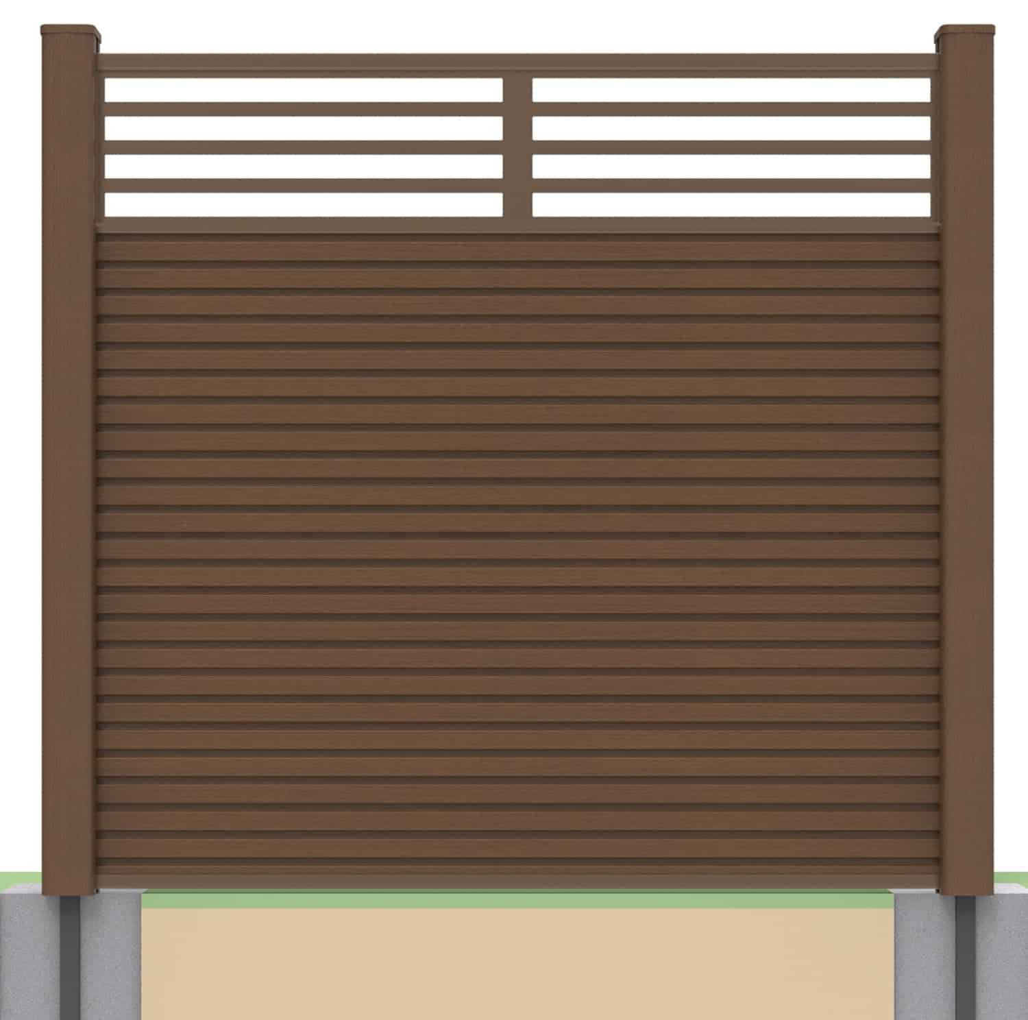 Slatted composite fence panel set - linear design in chocolate with soft ground post inserts