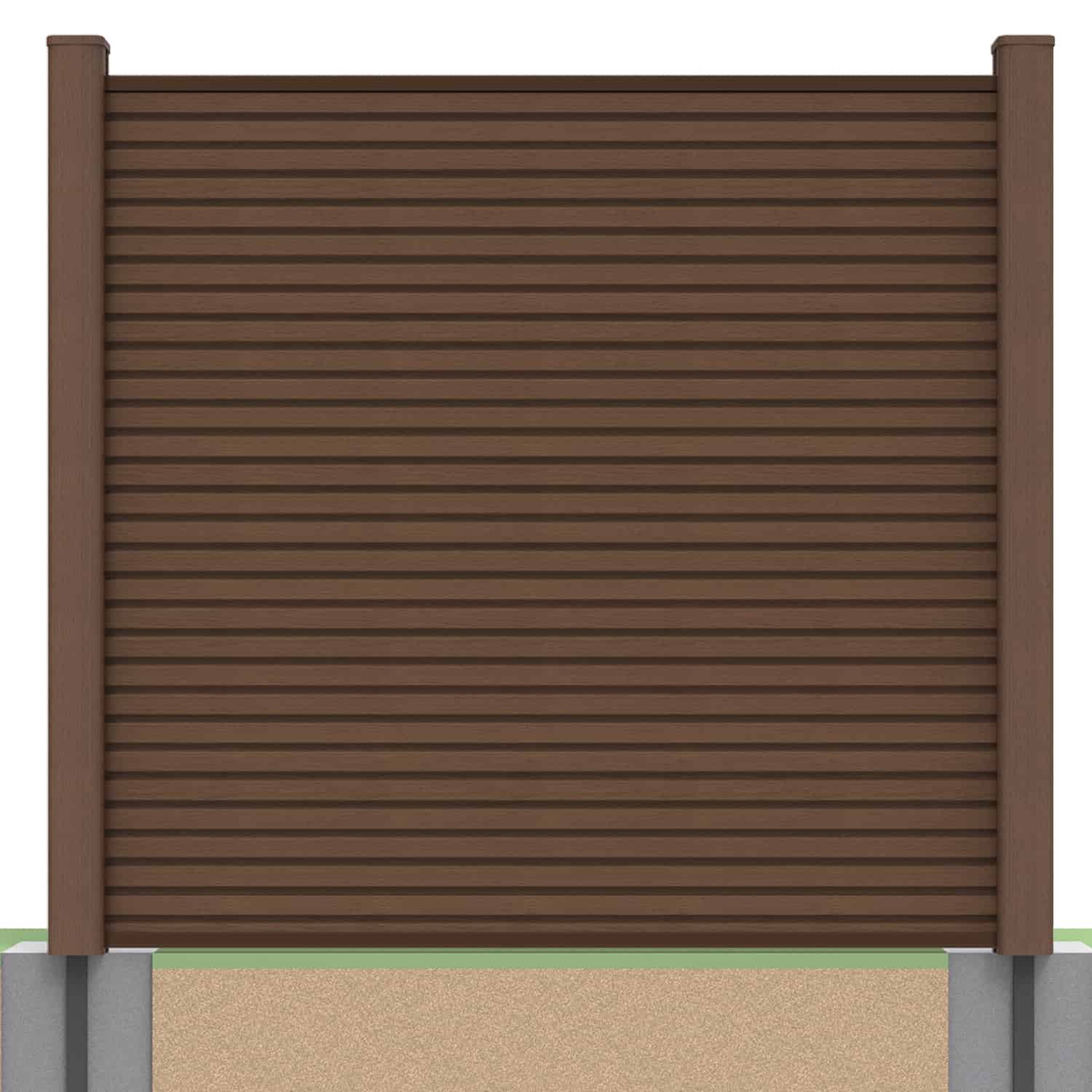 Slatted composite fence panel set in chocolate with soft ground post inserts