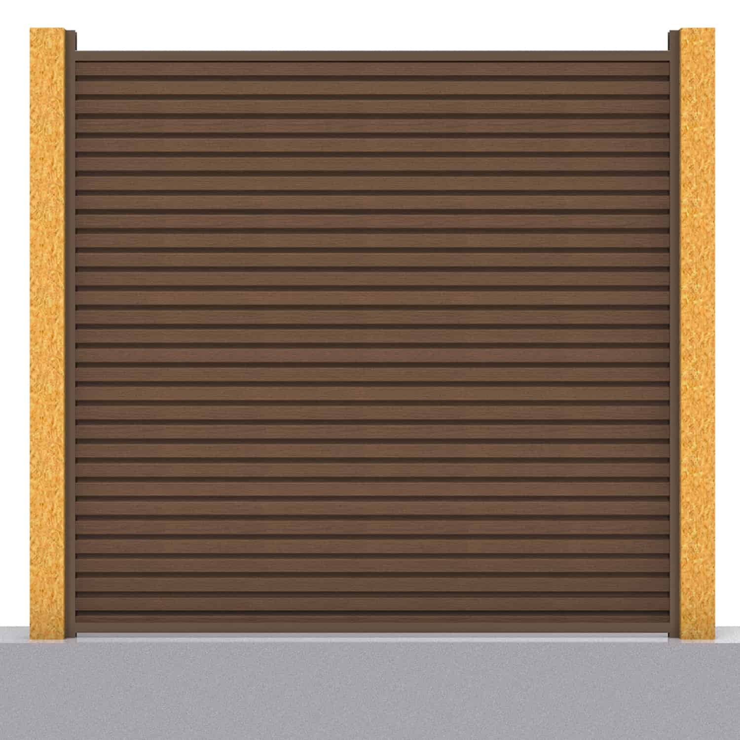 Slatted composite fence panel set in chocolate with wooden post inserts