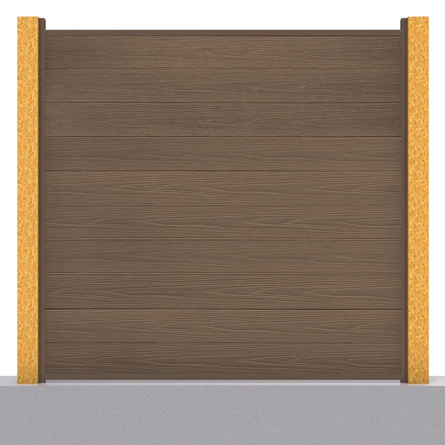 Deluxe composite fence panel set in chocolate with wooden post inserts