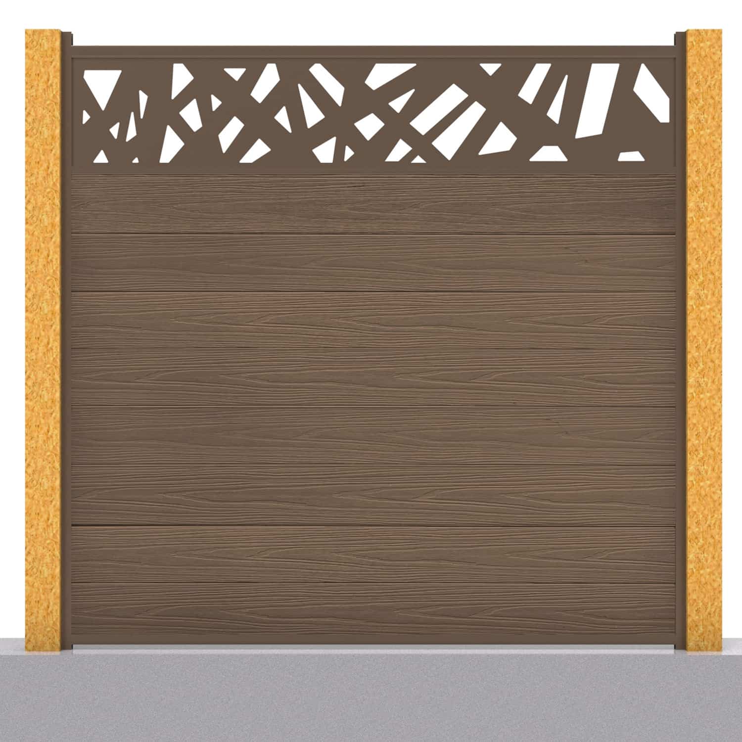 Deluxe composite fence panel set - contemporary design in chocolate with wooden post inserts