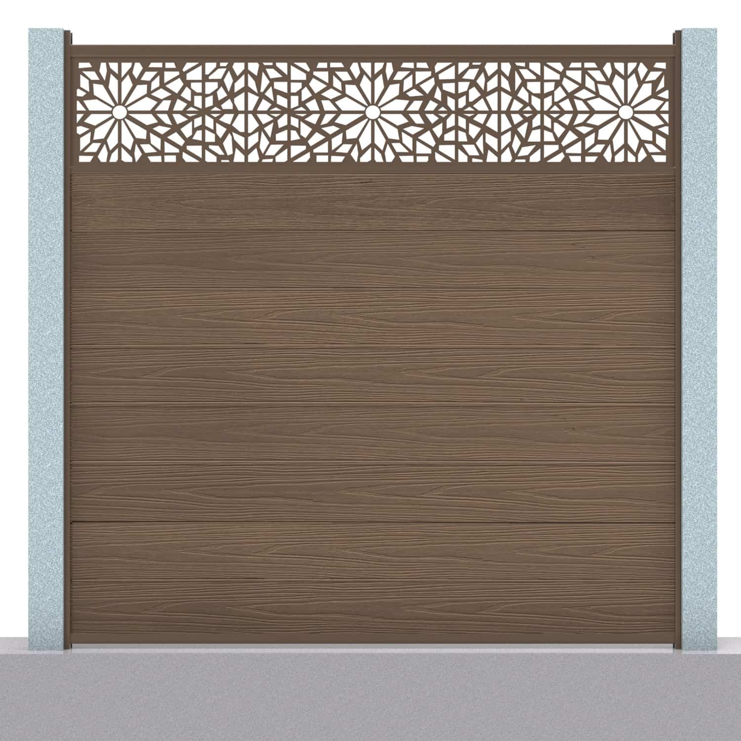 Deluxe composite fence panel set - geometric design in chocolate with concrete post inserts
