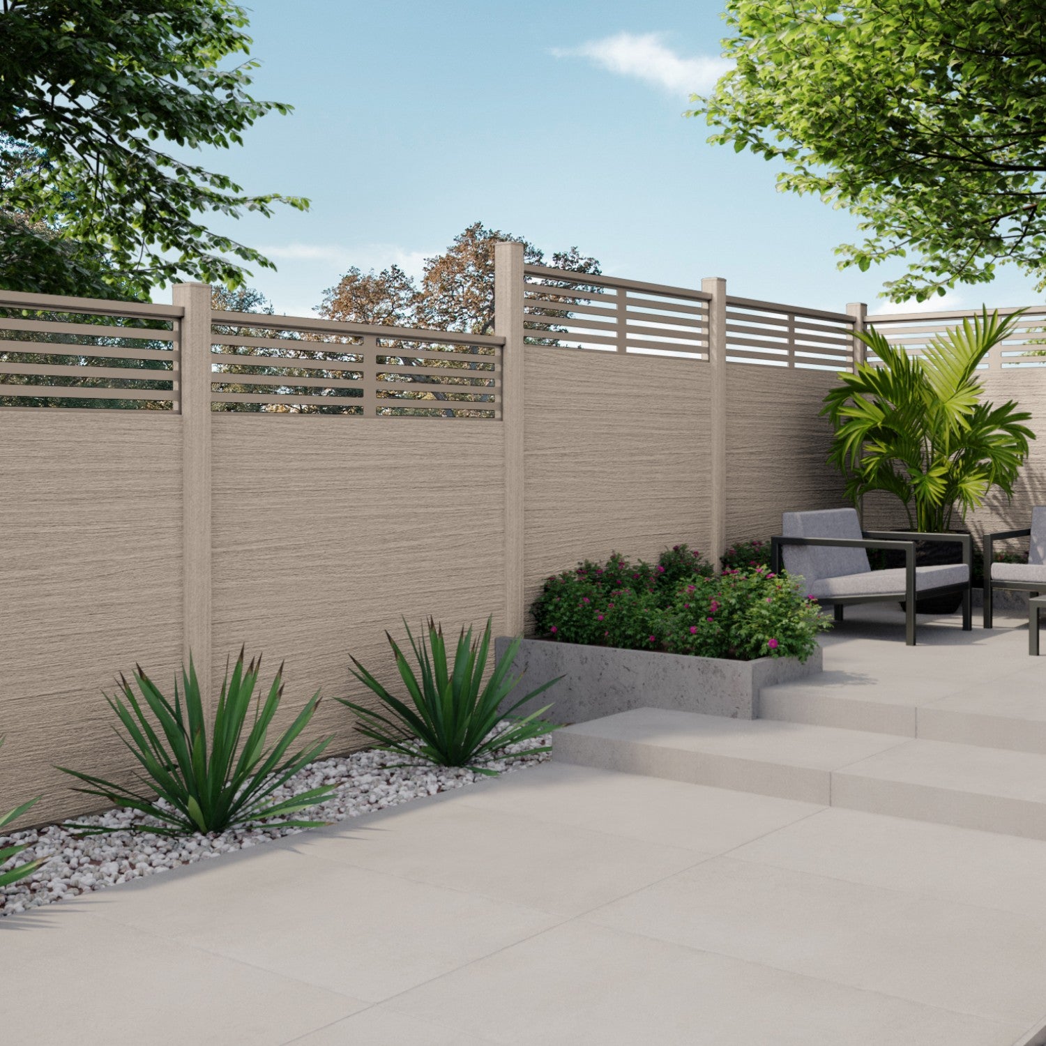 NeoTimber Deluxe Composite Fence Panel Set With Linear Design - Resists fading and staining