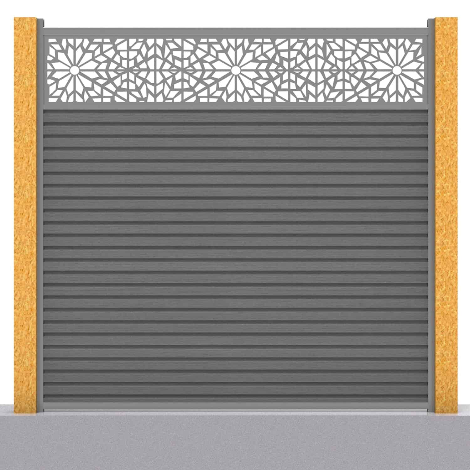 Slatted composite fence panel set - geometric design in grey with wooden post inserts