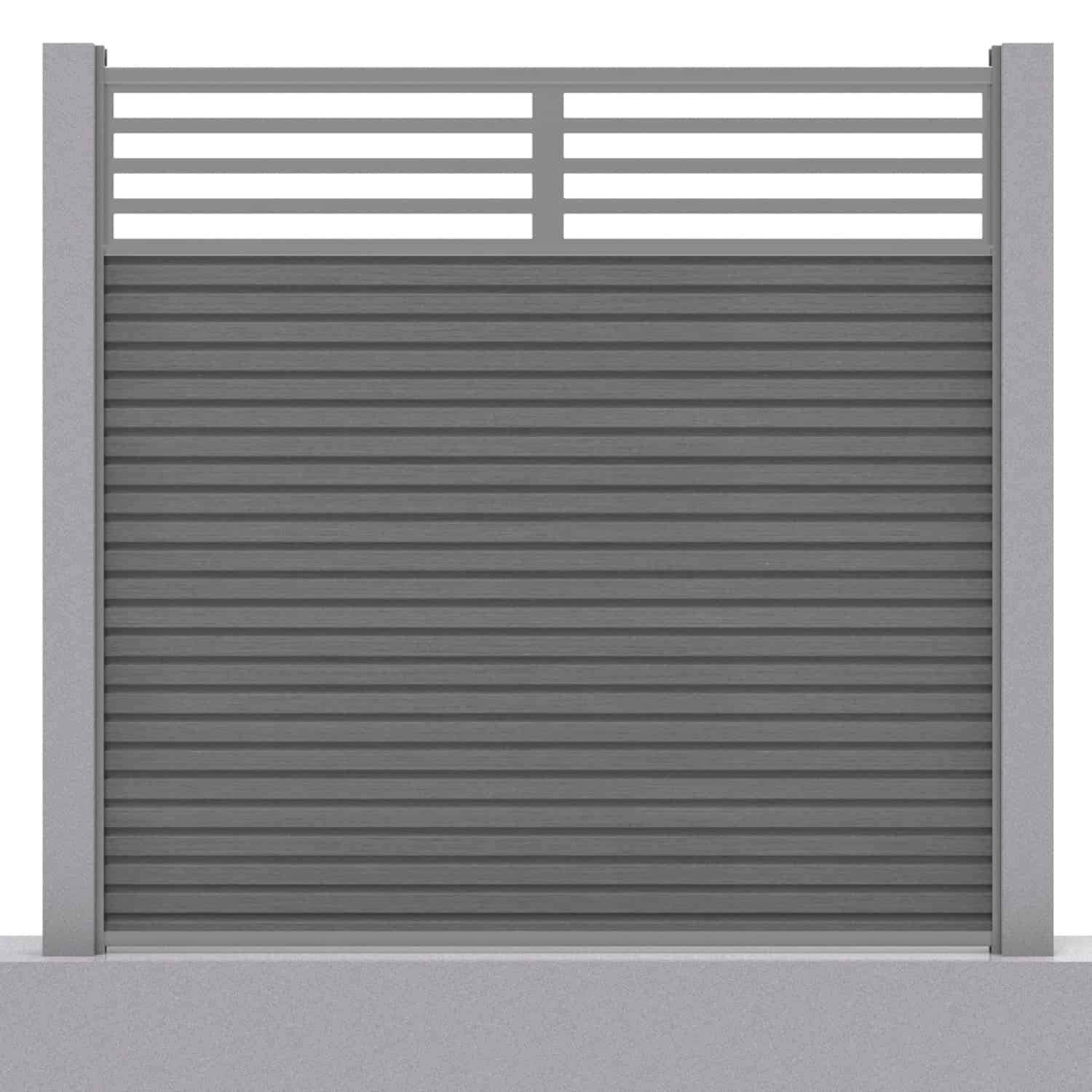 Slatted composite fence panel set - linear design in grey with concrete post inserts