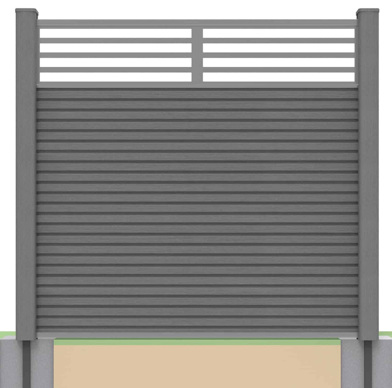 Slatted composite fence panel set - linear design in grey with soft ground post inserts