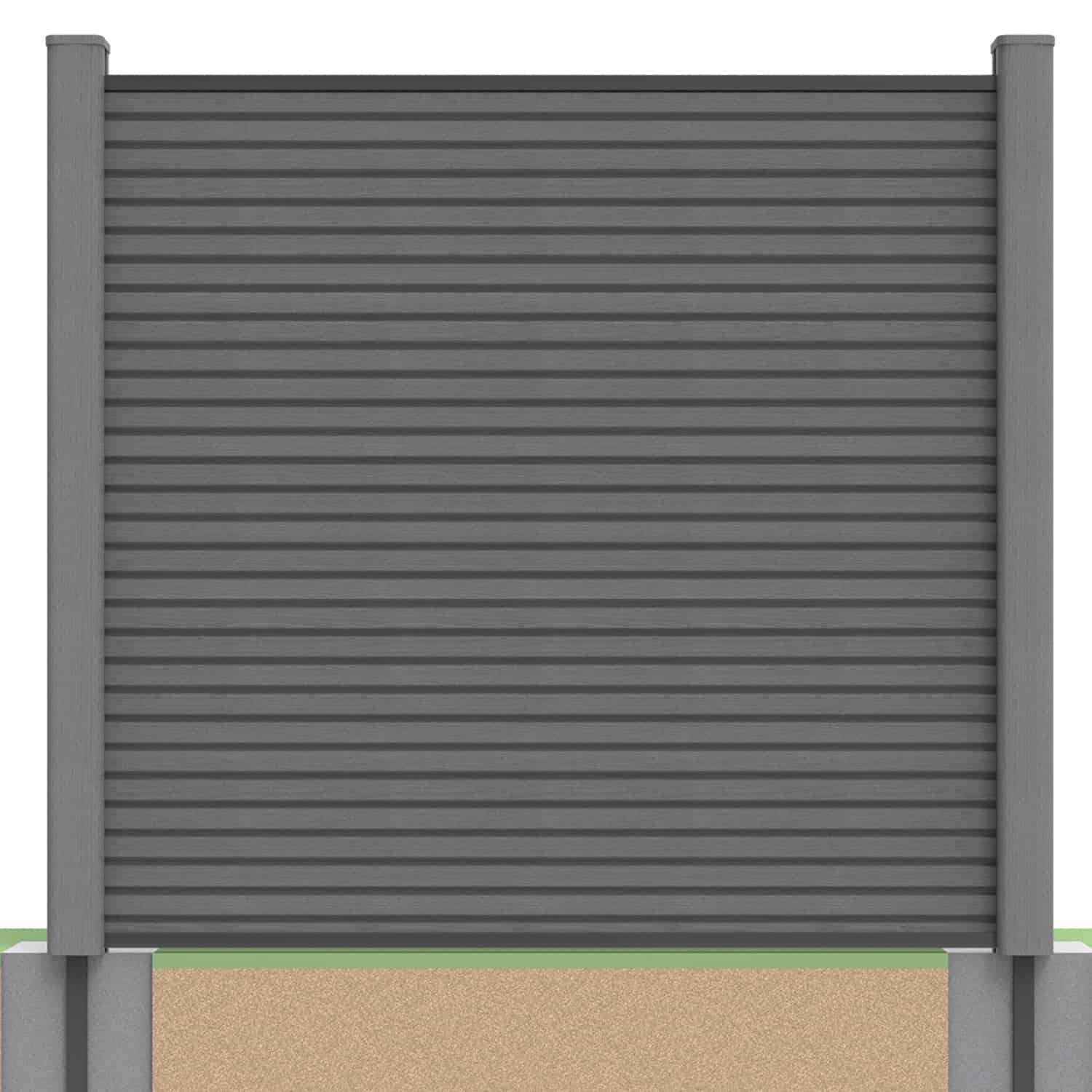 Slatted composite fence panel set in grey with soft ground post inserts