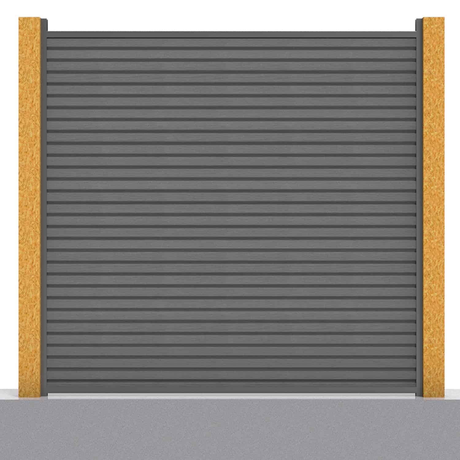 Slatted composite fence panel set in grey with wooden post inserts