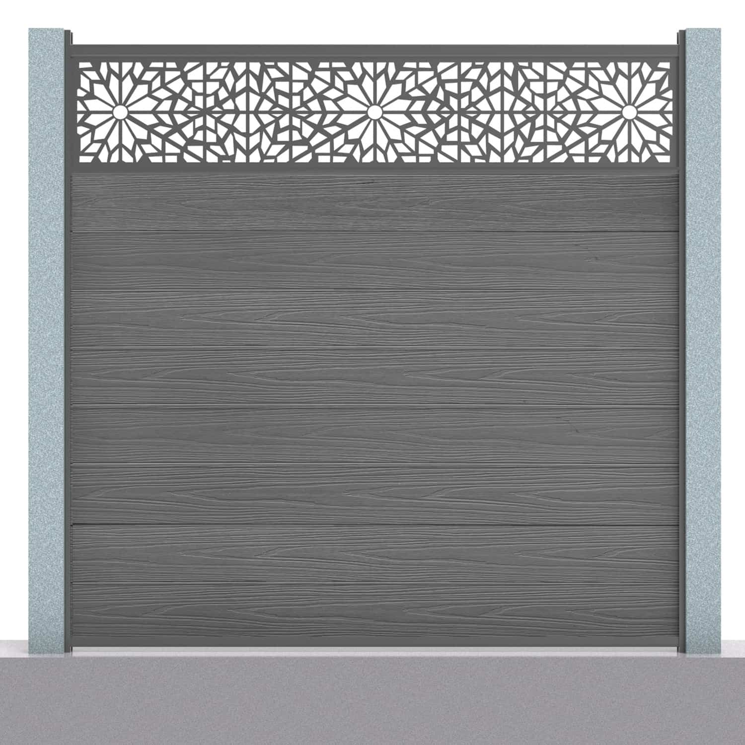 Deluxe composite fence panel set - geometric design in grey with concrete post inserts