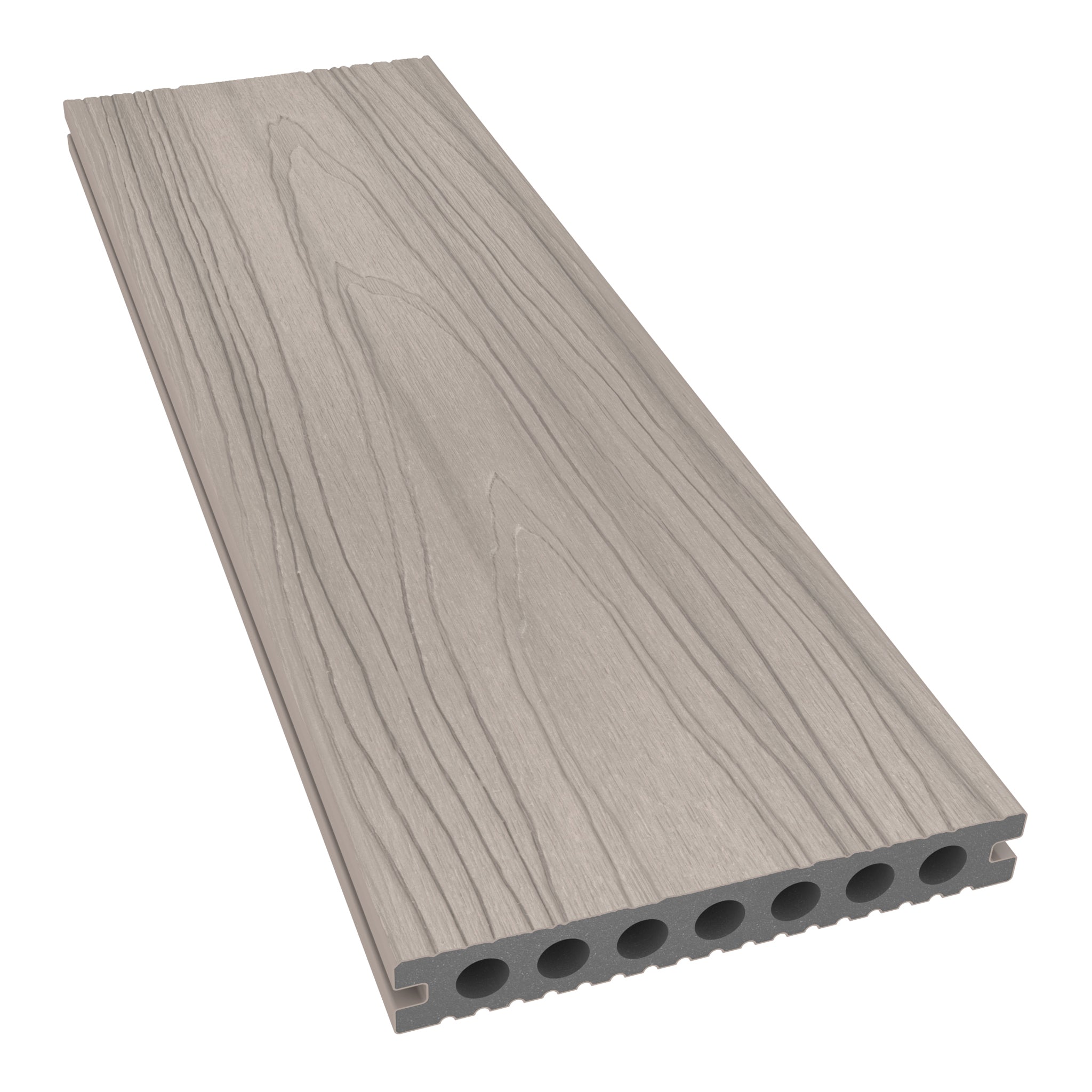 NeoTimber Deluxe Hollow Composite Deck Board – Ash White – Angled Close-Up