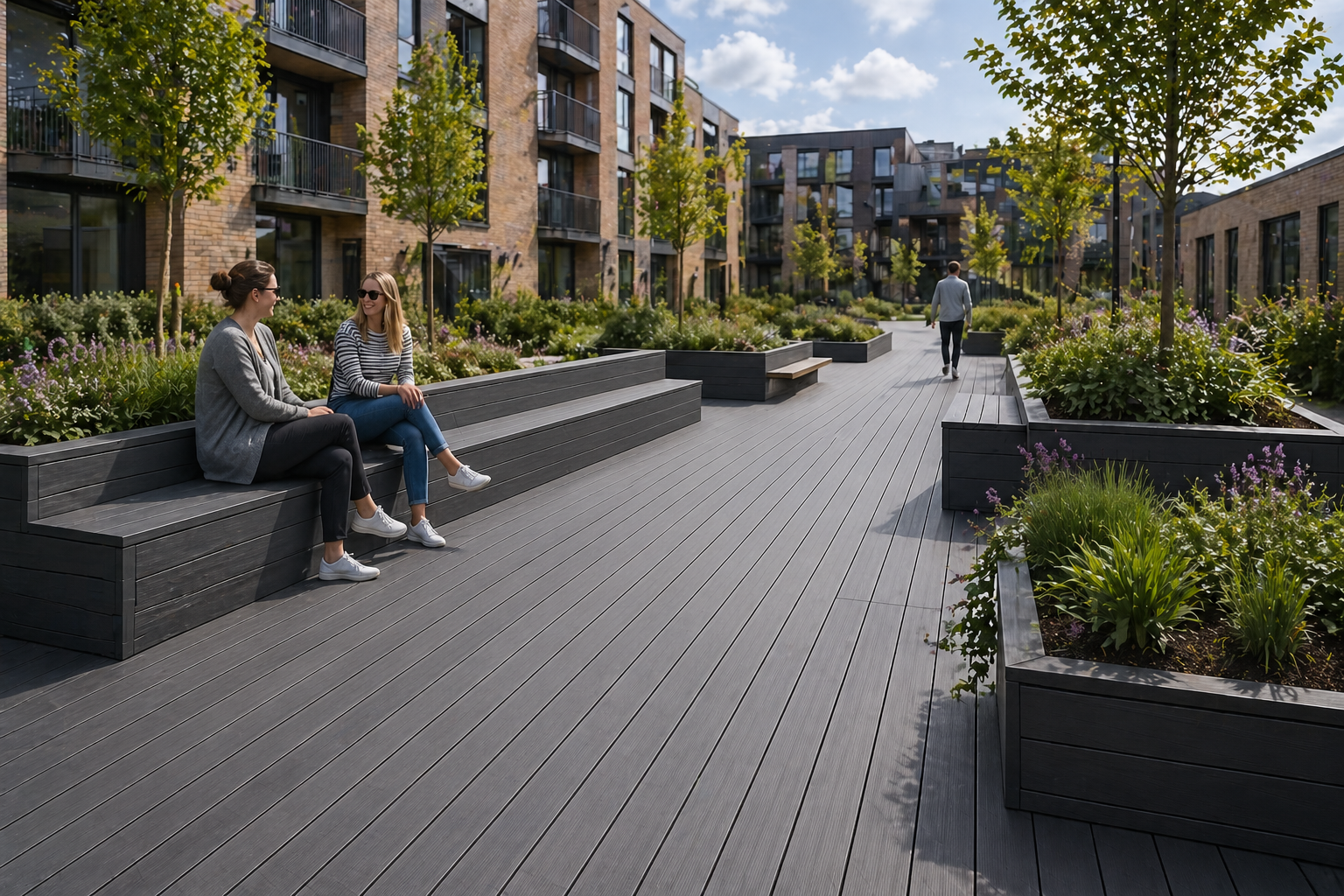 People sitting on a composite deck with greenery and buildings in the background