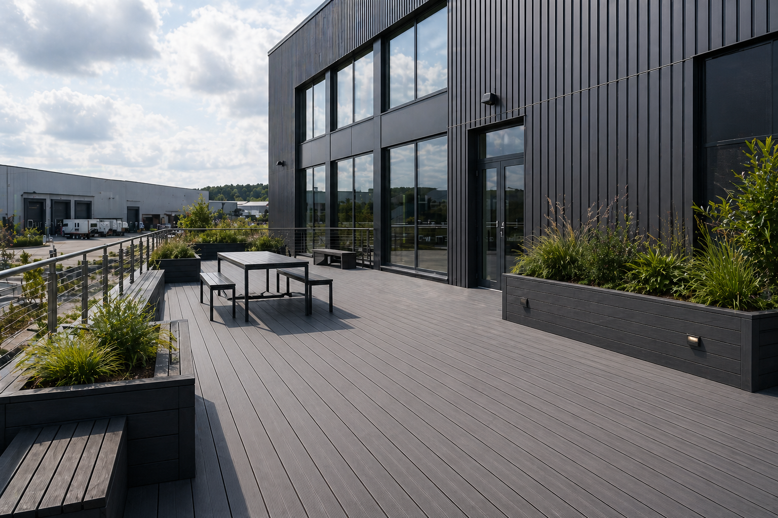 Modern building with a rooftop deck featuring outdoor furniture and greenery.