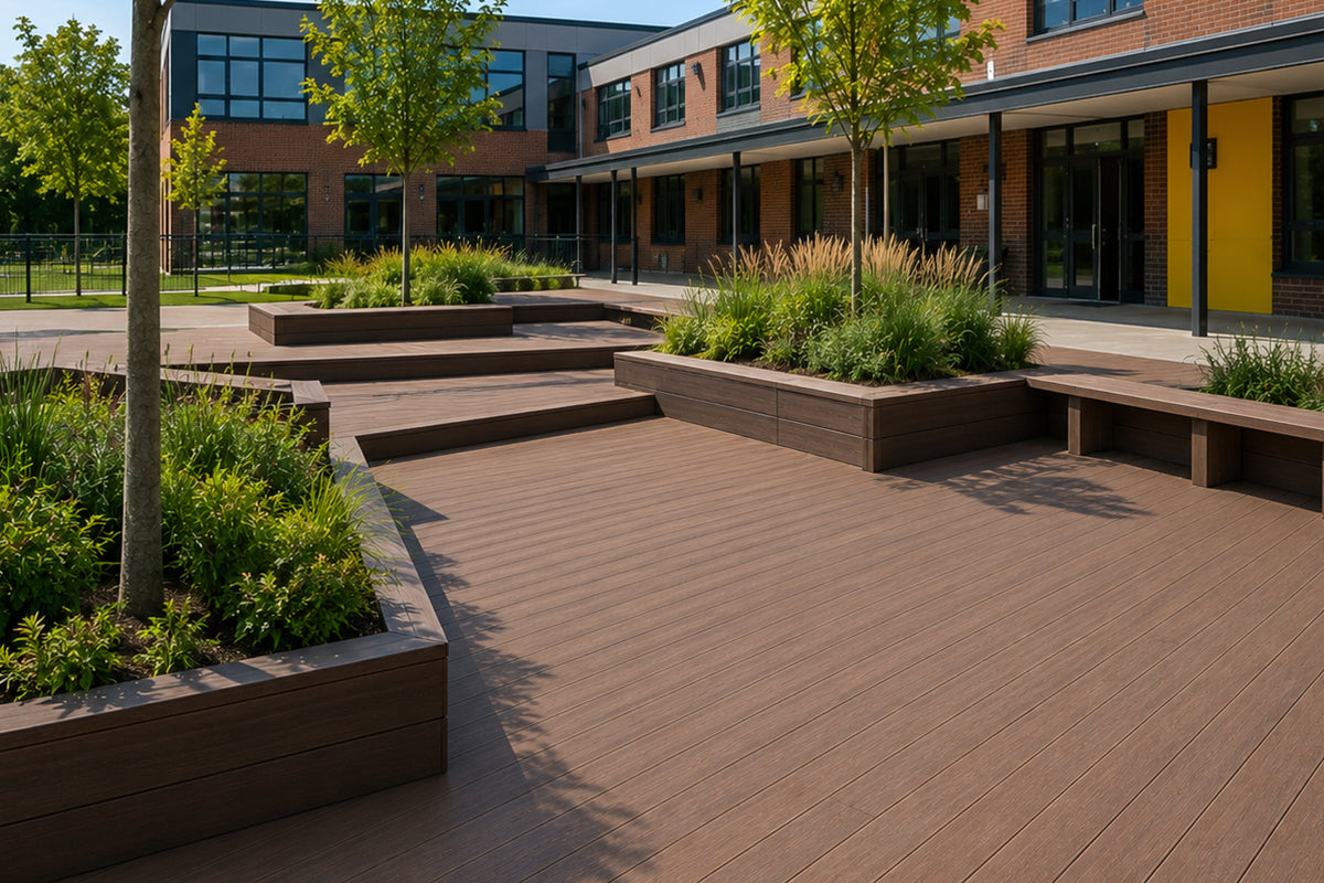 composite decking fitted into an outdoor area of a school campus with plants in the background