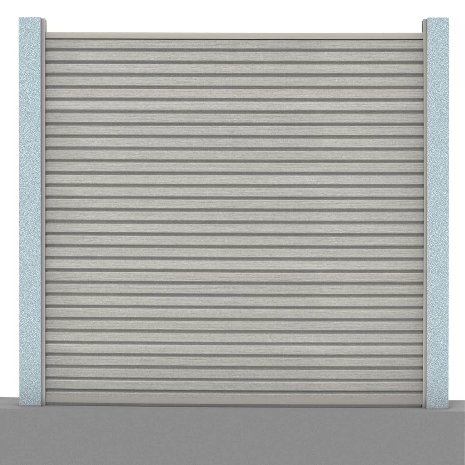Slatted composite fence panel set in silver birch with concrete post inserts