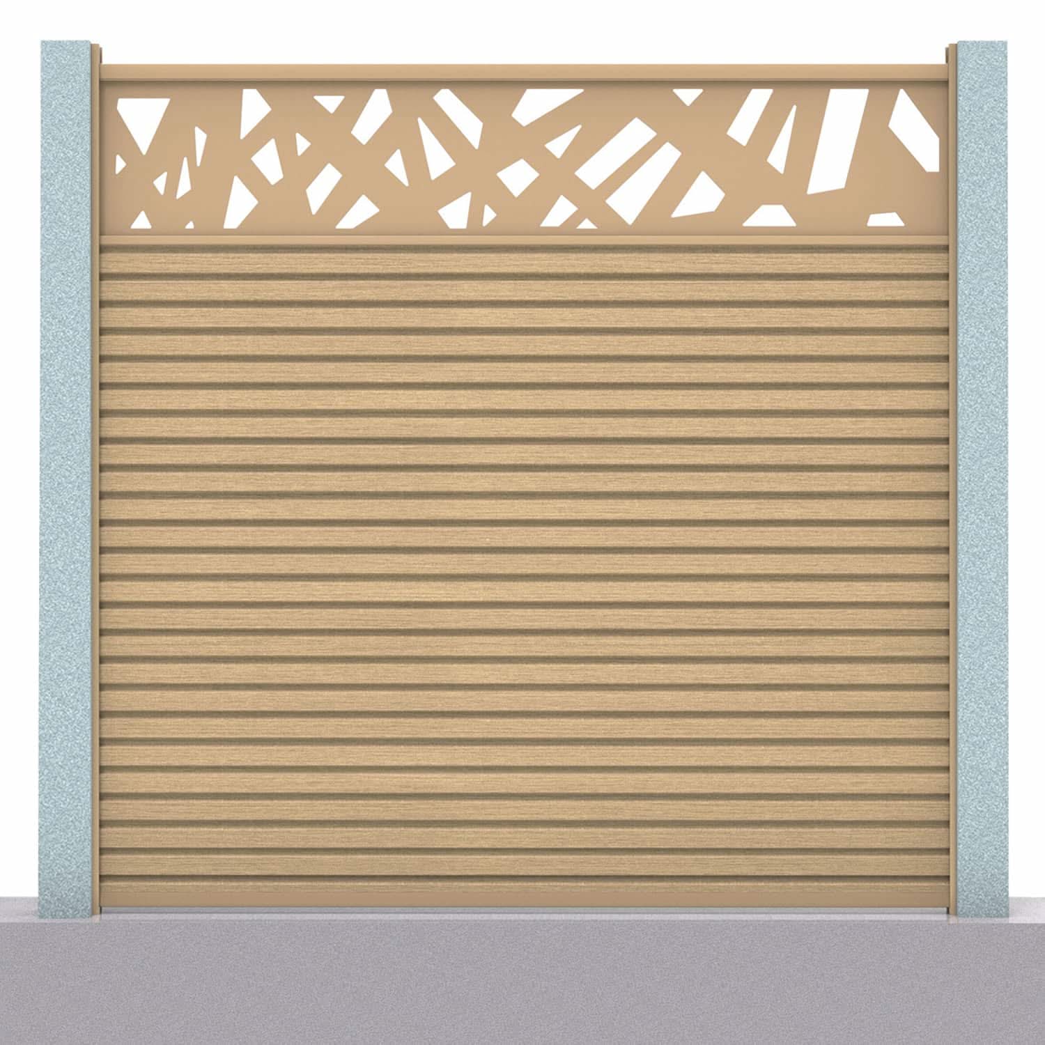 Slatted composite fence panel set - contemporary design in oak with concrete post inserts
