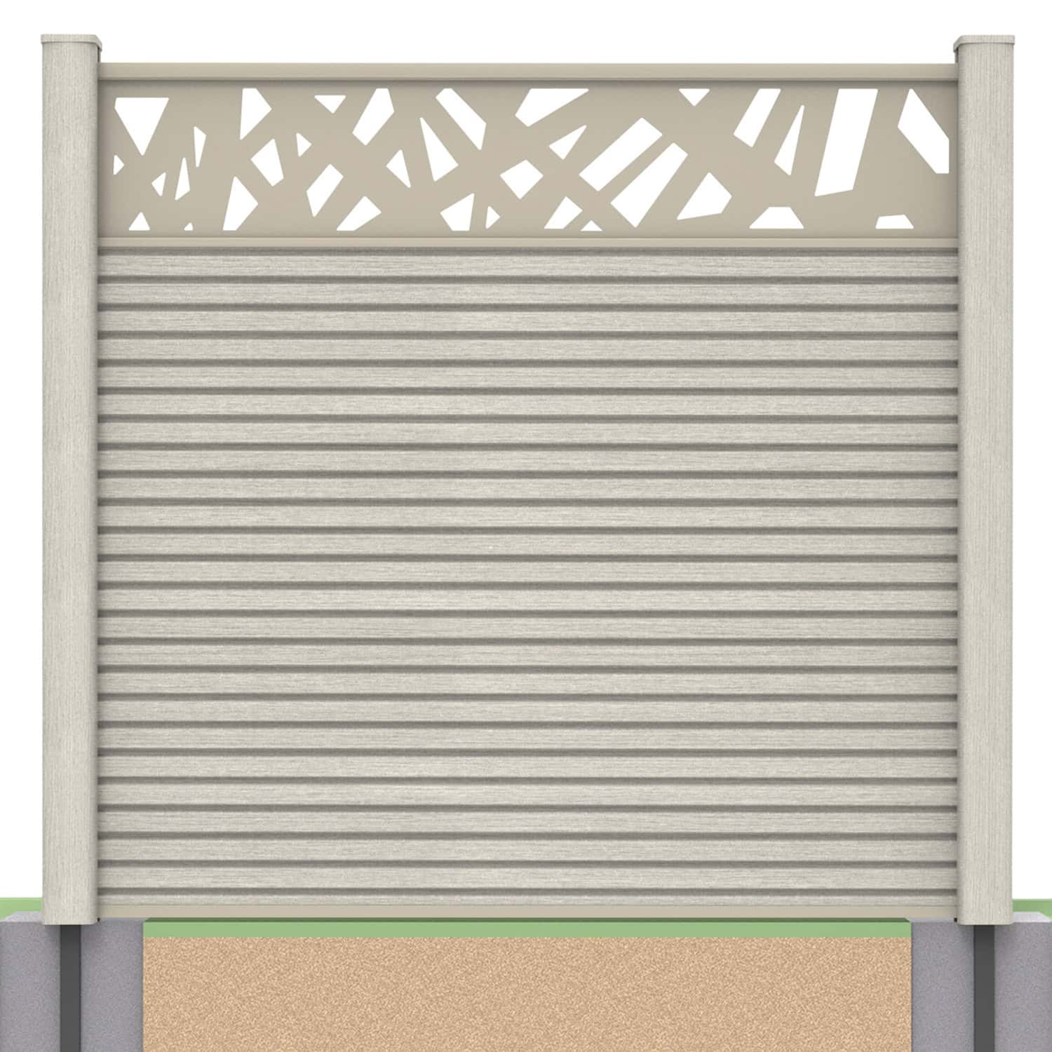 Slatted composite fence panel set - contemporary design in ash white with soft ground post inserts