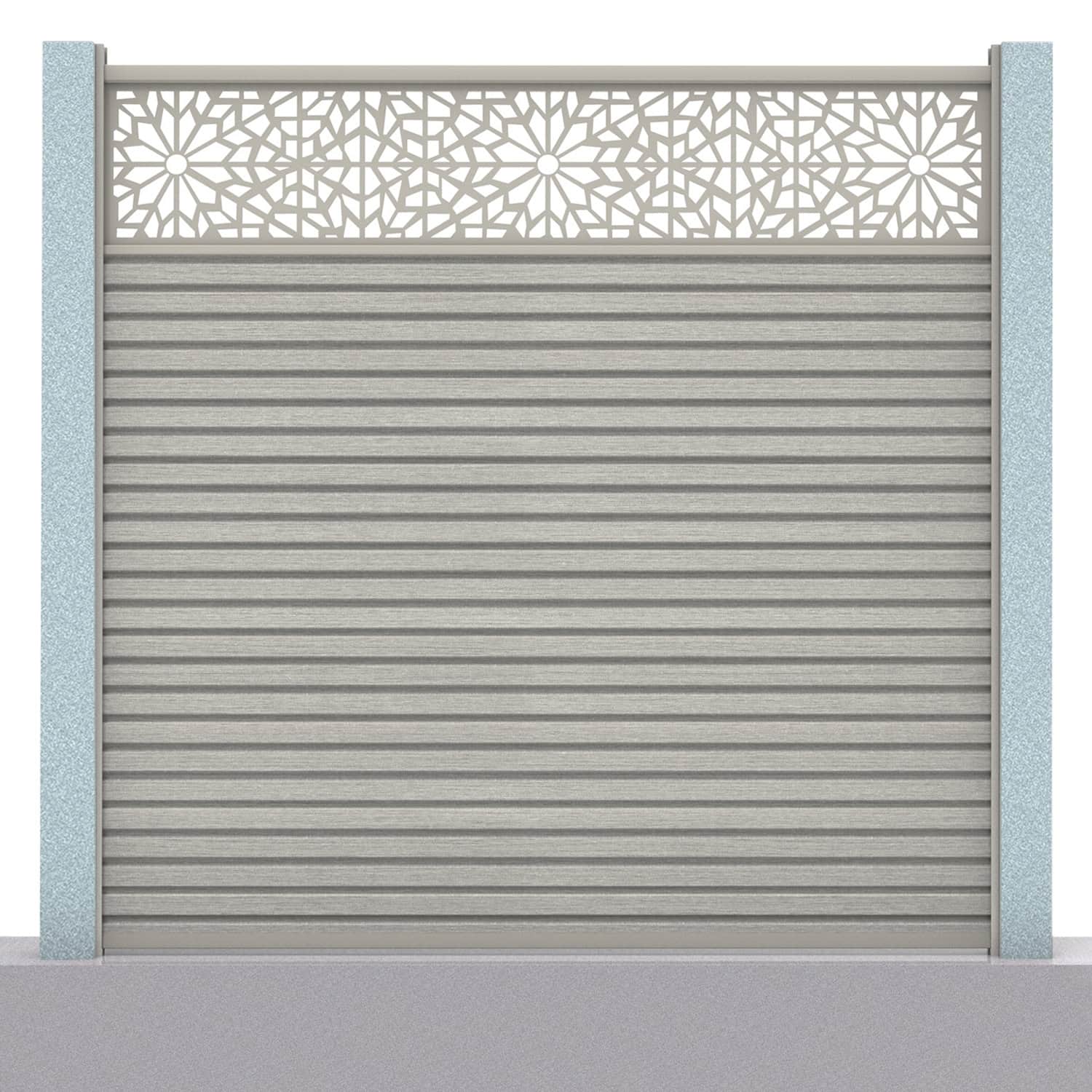 Slatted composite fence panel set - geometric design in silver birch with concrete post inserts