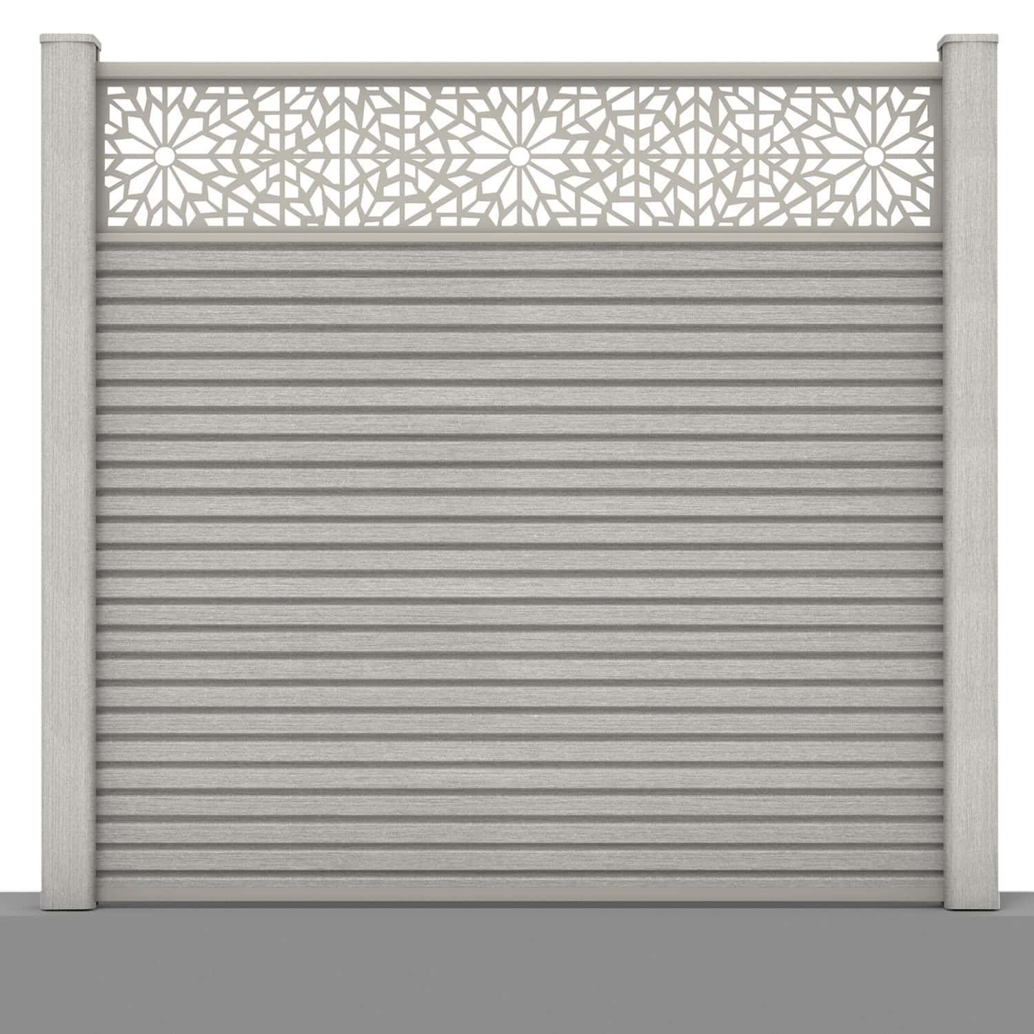 Slatted composite fence panel set - geometric design in silver birch with hard ground post inserts