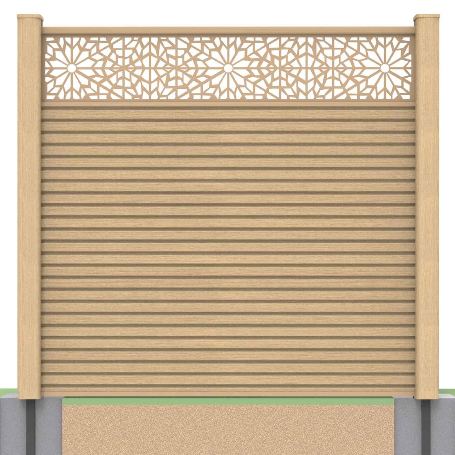 Slatted composite fence panel set - geometric design in oak with soft ground post inserts