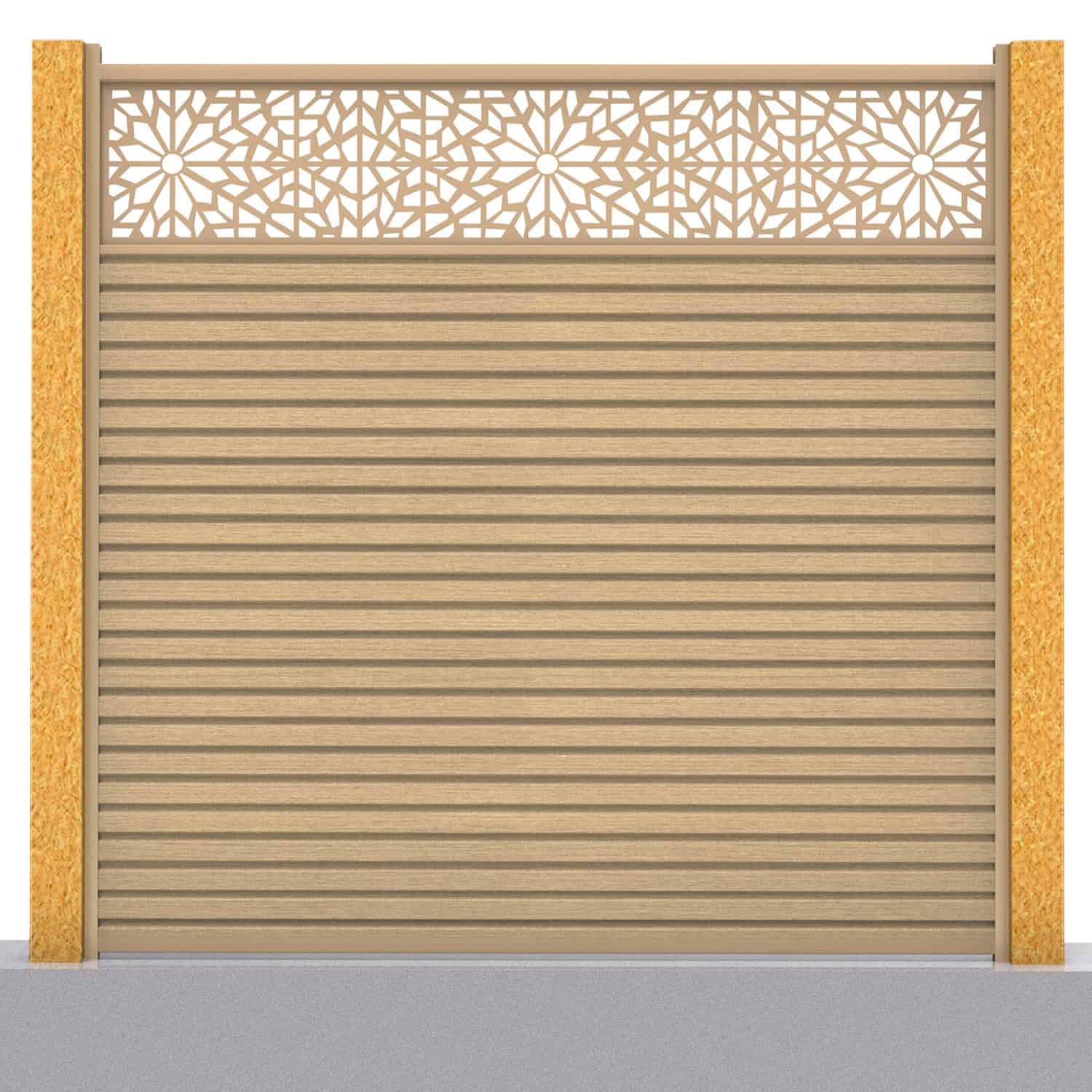Slatted composite fence panel set - geometric design in oak with wooden post inserts