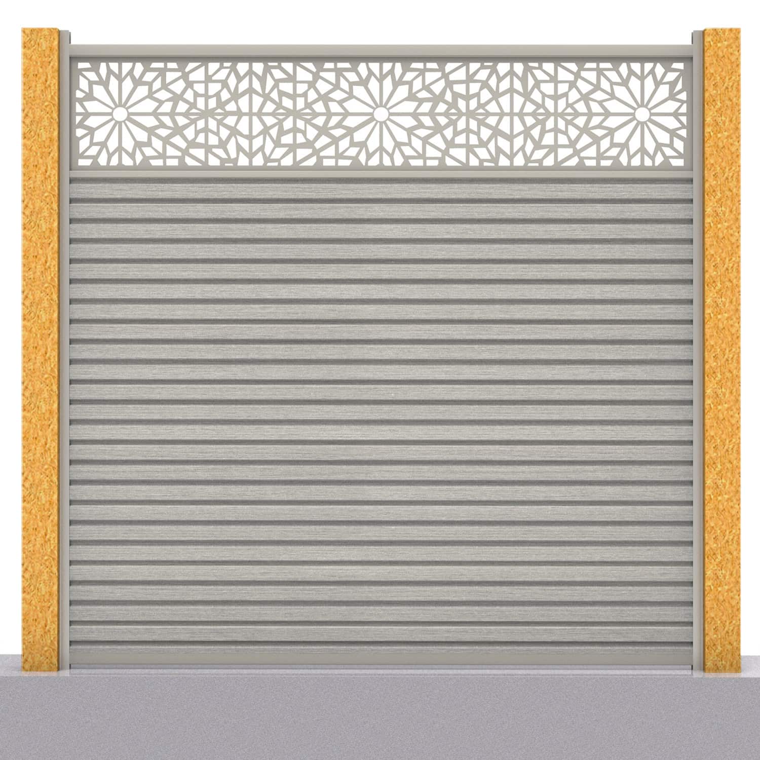 Slatted composite fence panel set - geometric design in silver birch with wooden post inserts