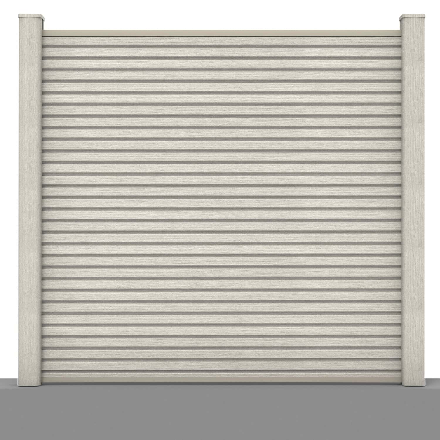 Slatted composite fence panel set in ash white with hard ground post inserts