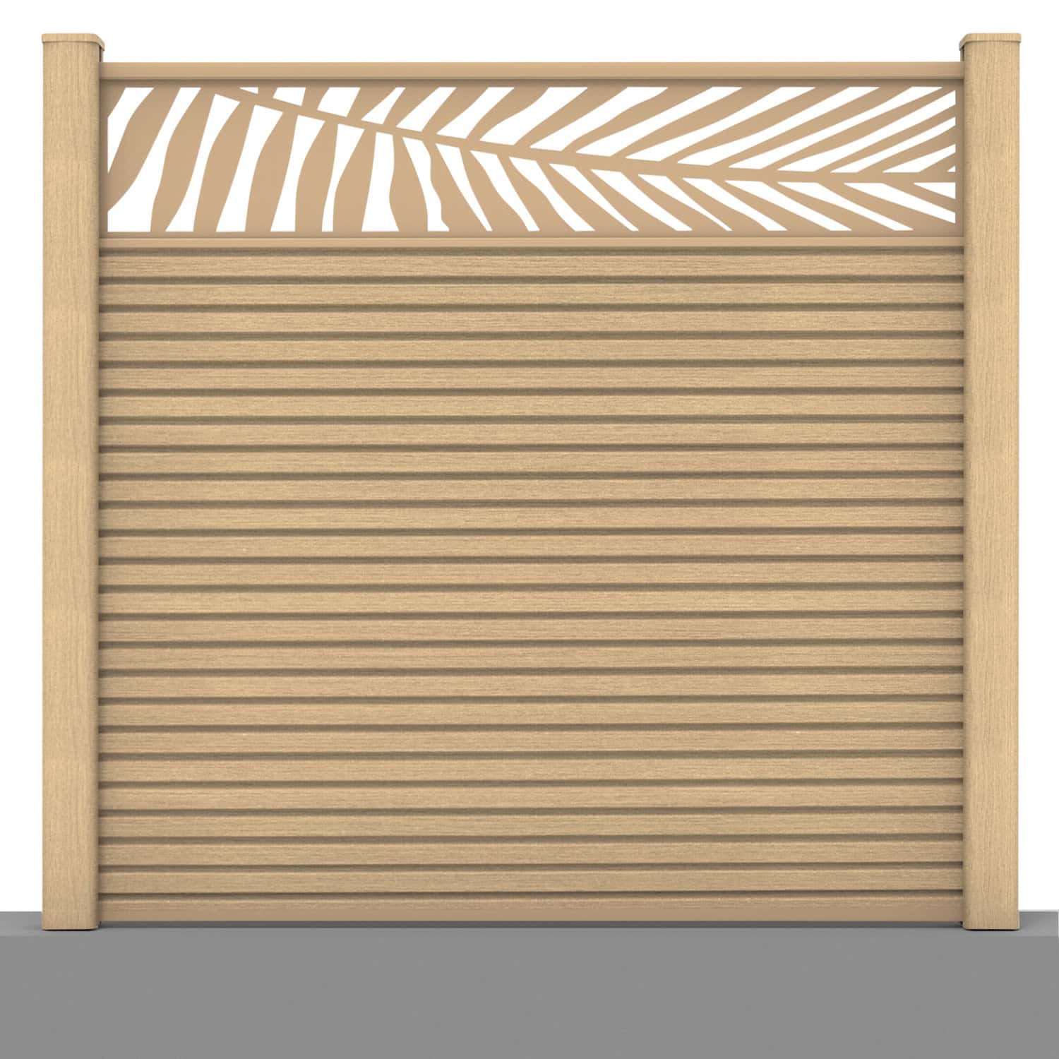 Slatted composite fence panel set - leaf design in oak with hard ground post inserts