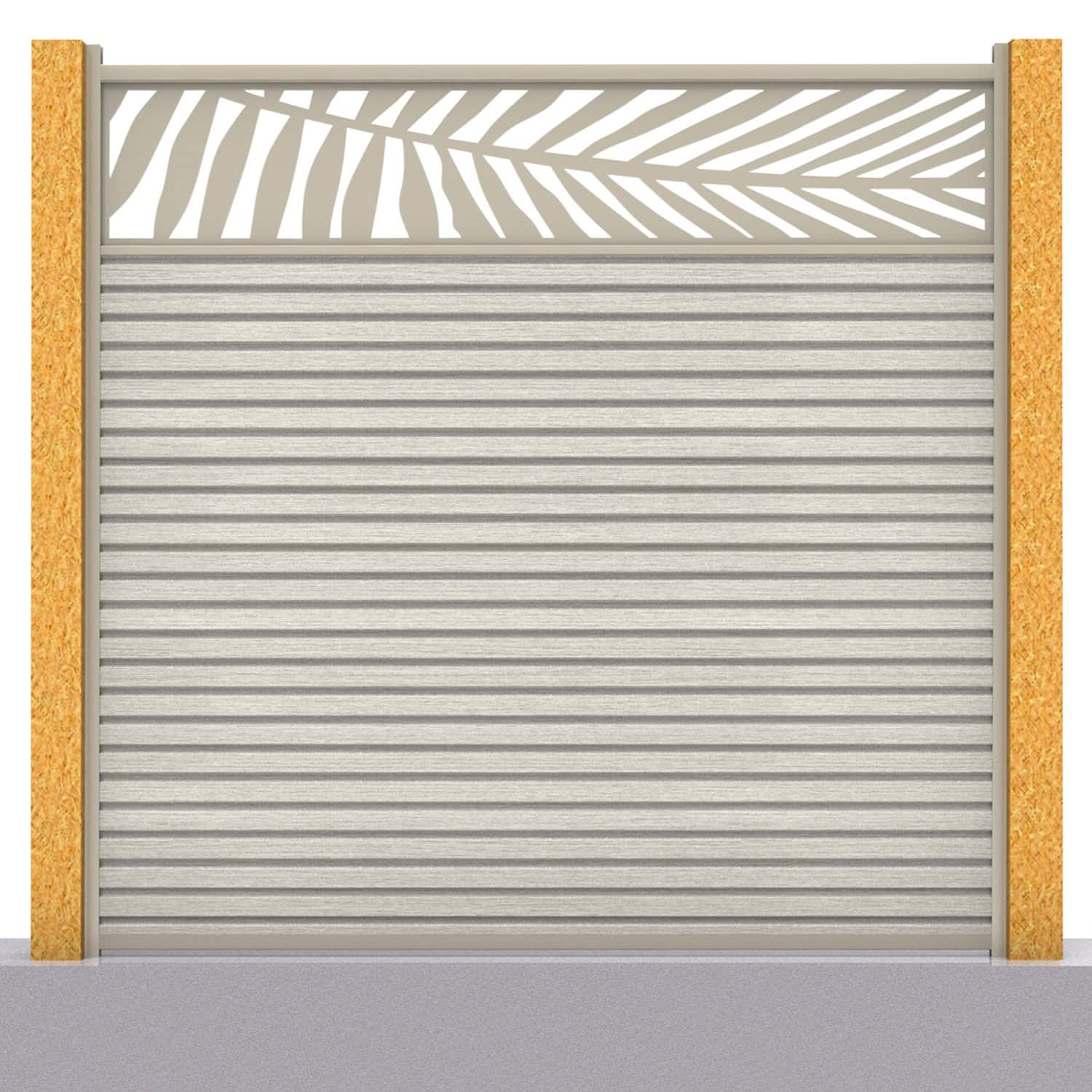 Slatted composite fence panel set - leaf design in ash white with wooden post inserts