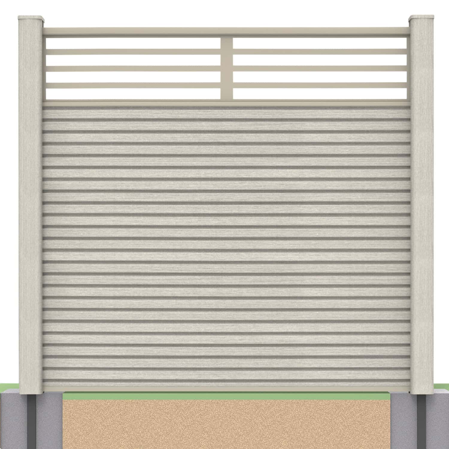 Slatted composite fence panel set - linear design in ash white with soft ground post inserts