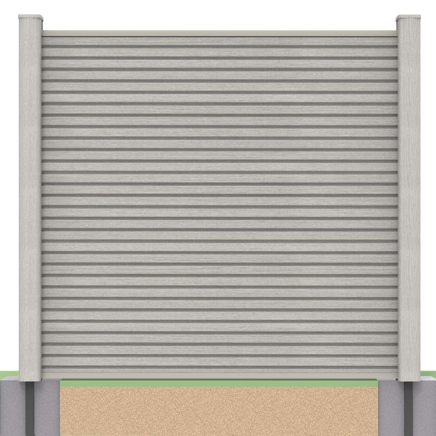 Slatted composite fence panel set in silver birch with soft ground post inserts