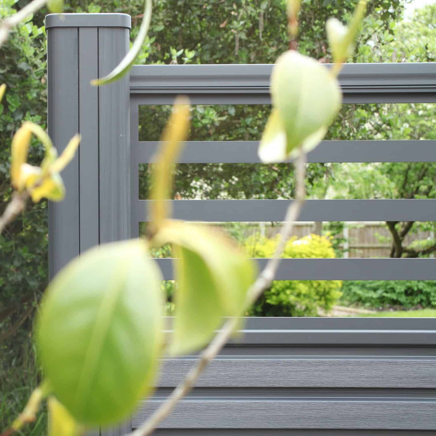 NeoTimber Slatted Fence Panel Set With Linear Screen - Grey completed install