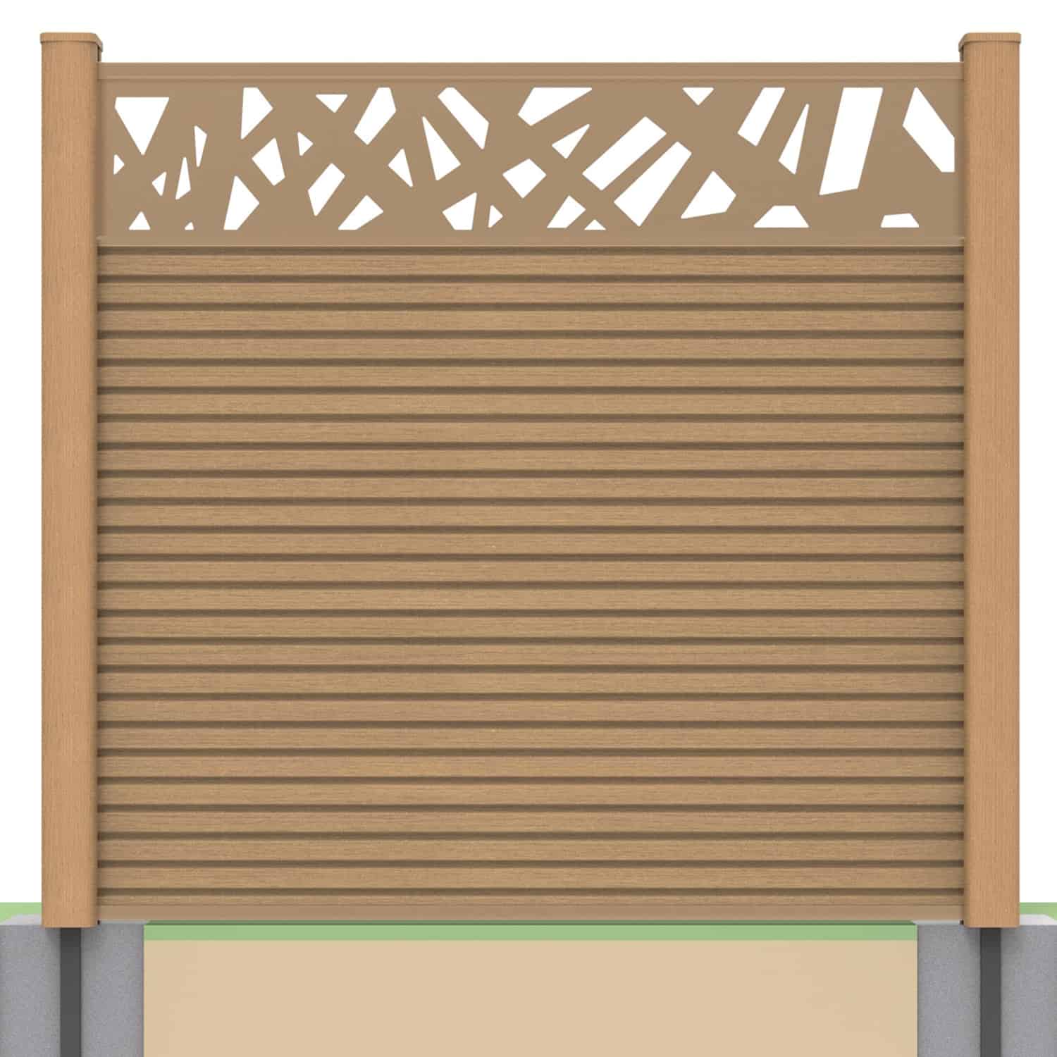 Slatted composite fence panel set - contemporary design in teak with soft ground post inserts