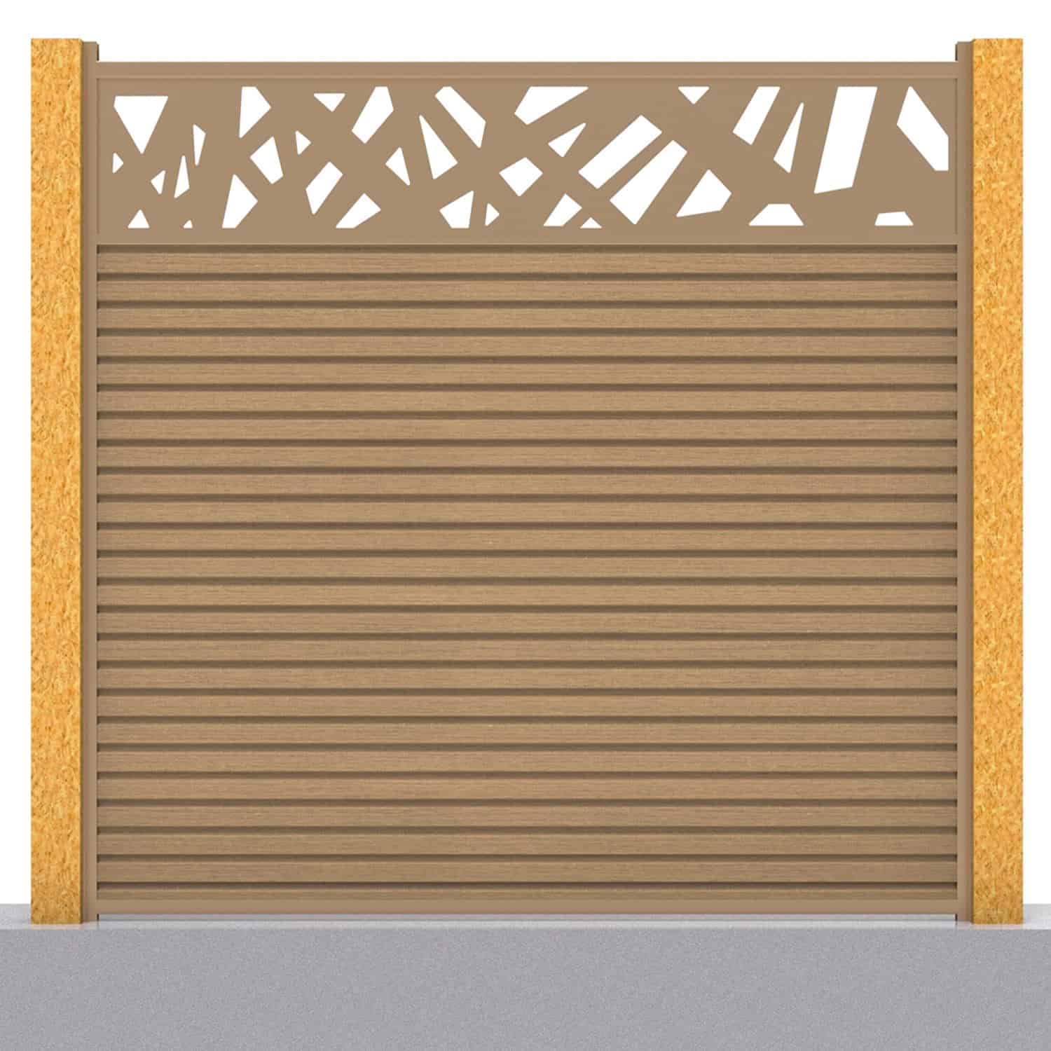 Slatted composite fence panel set - contemporary design in teak with wooden post inserts