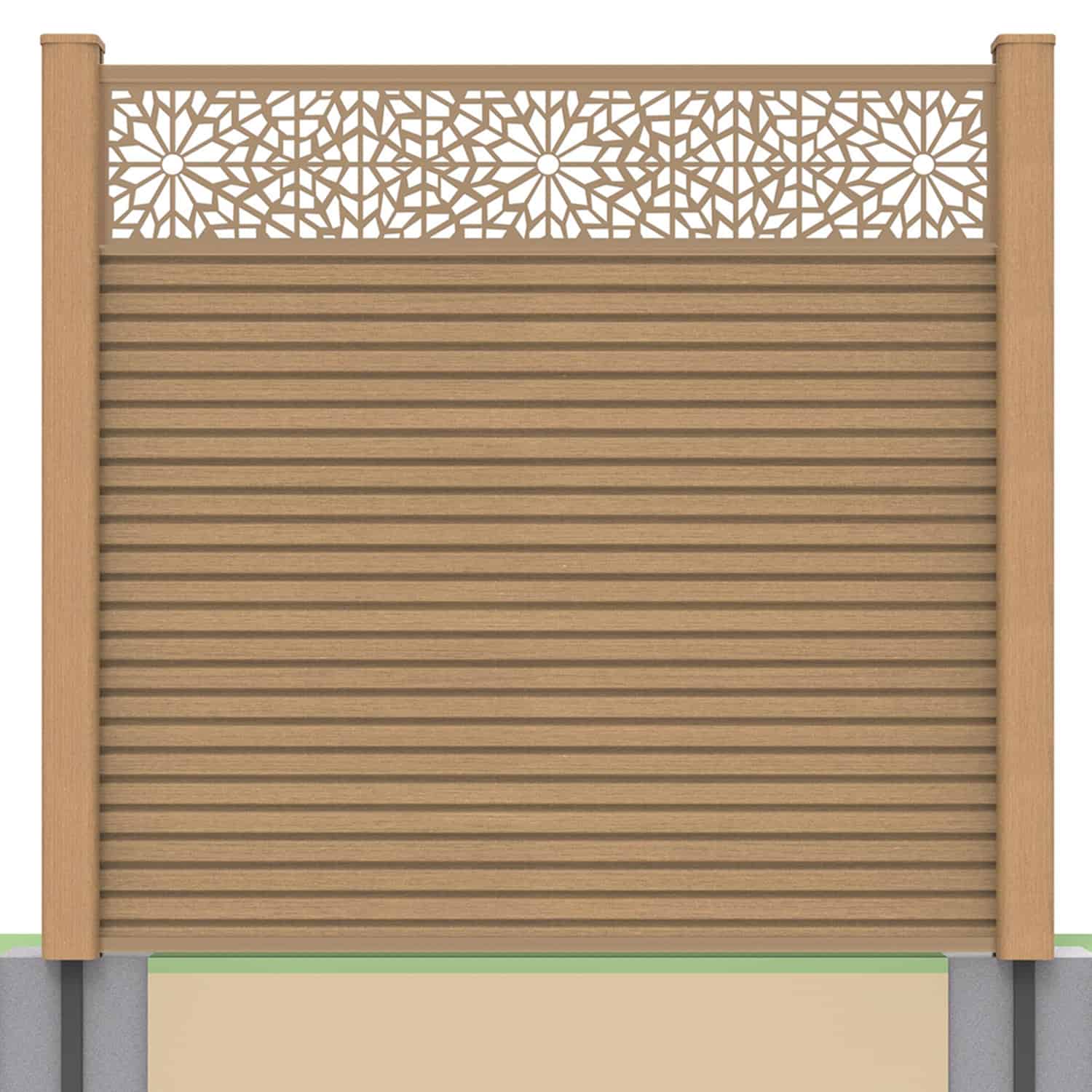 Slatted composite fence panel set - geometric design in teak with soft ground post inserts